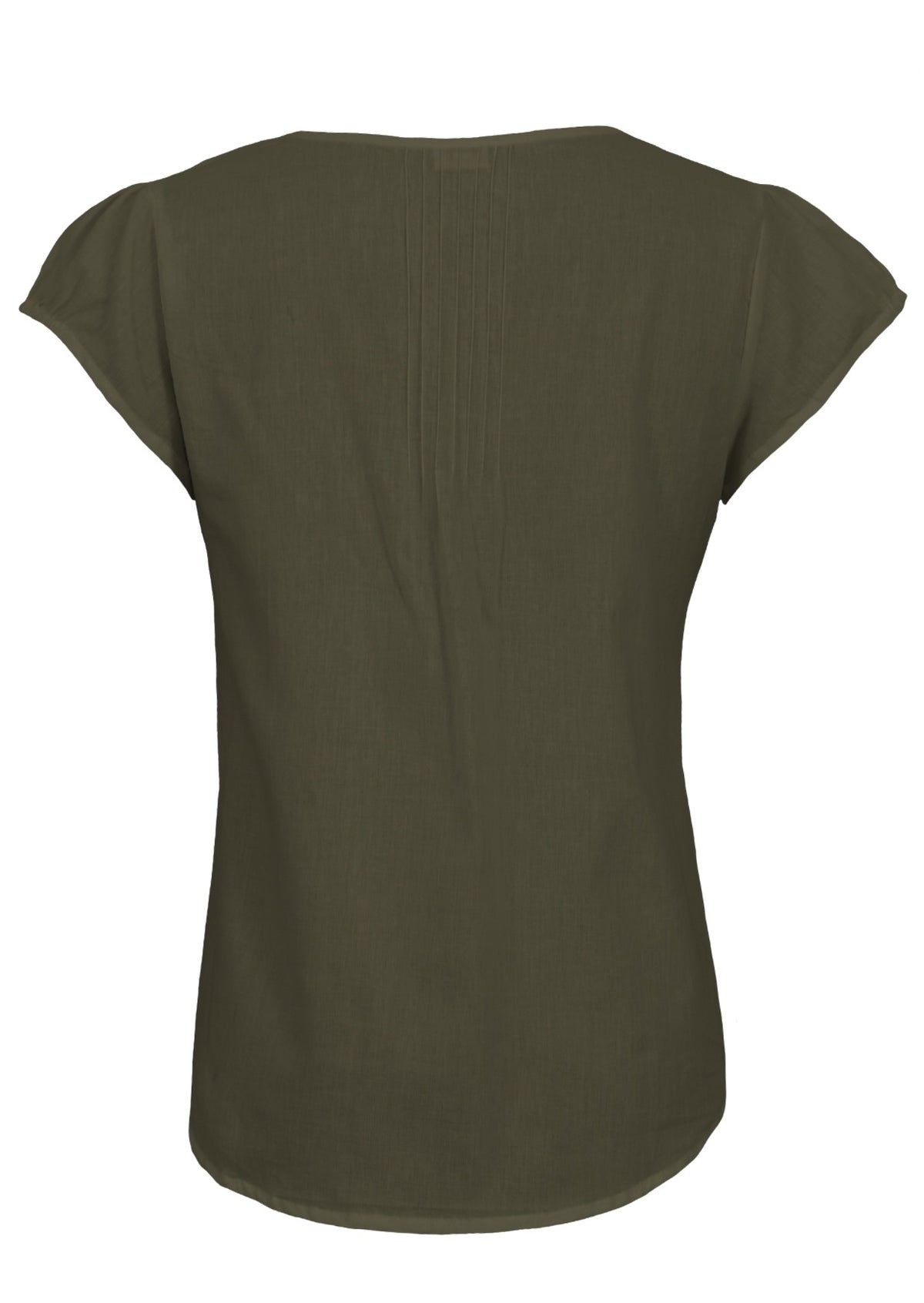 Back of olive green cap sleeve cotton top with pin-tucks in the centre of the back