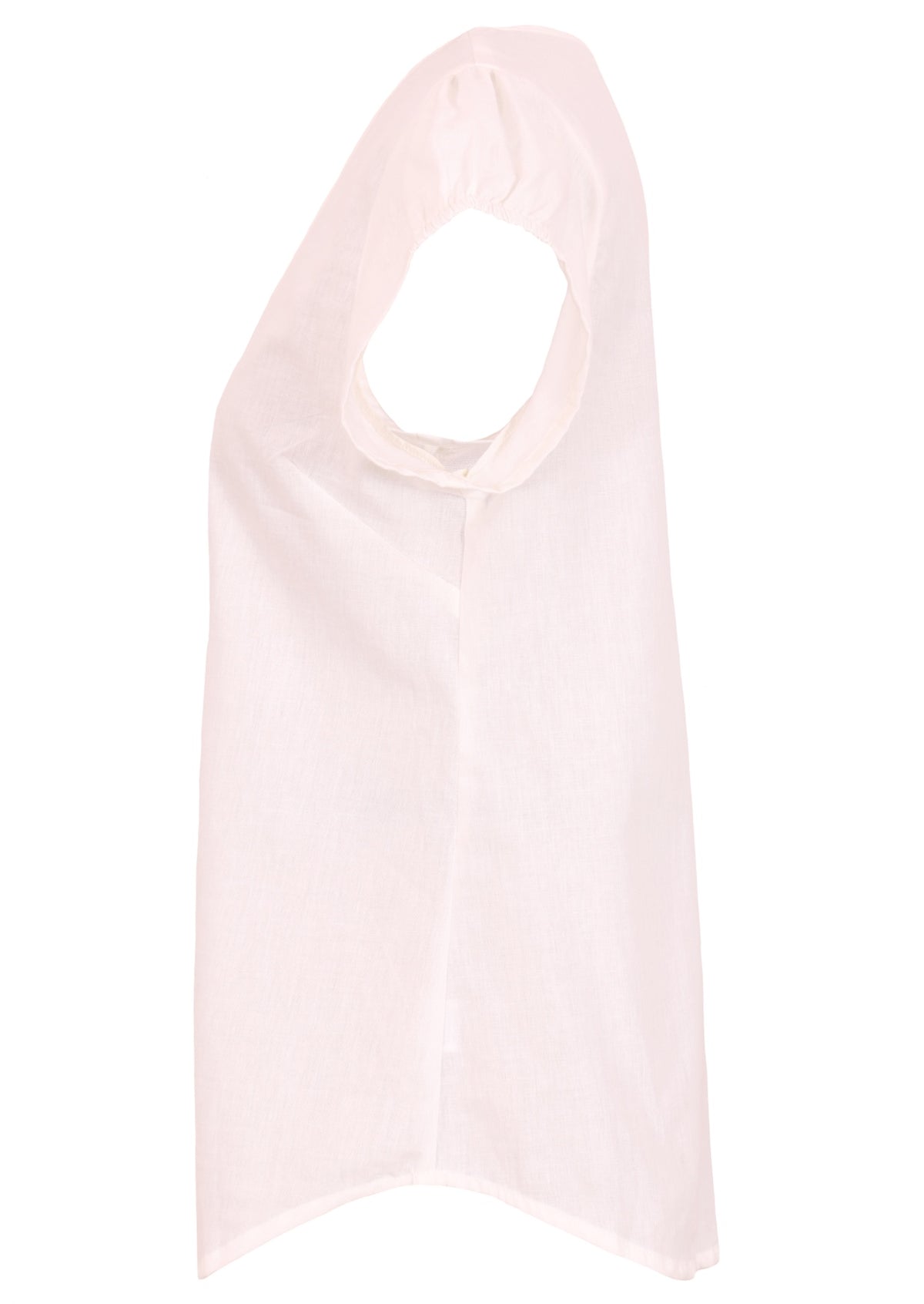 Side view of cotton cap sleeved top with a longer hem at the front and back