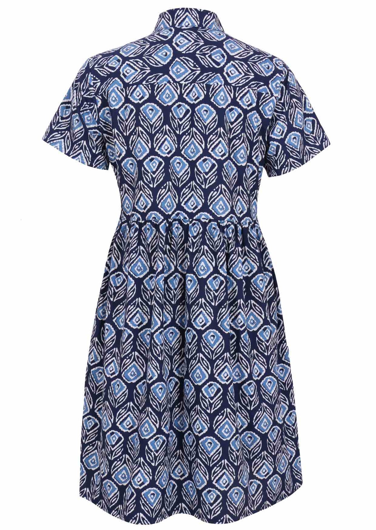 Back view of blue tulip print on dark blue base cotton relaxed fit collared short sleeve dress
