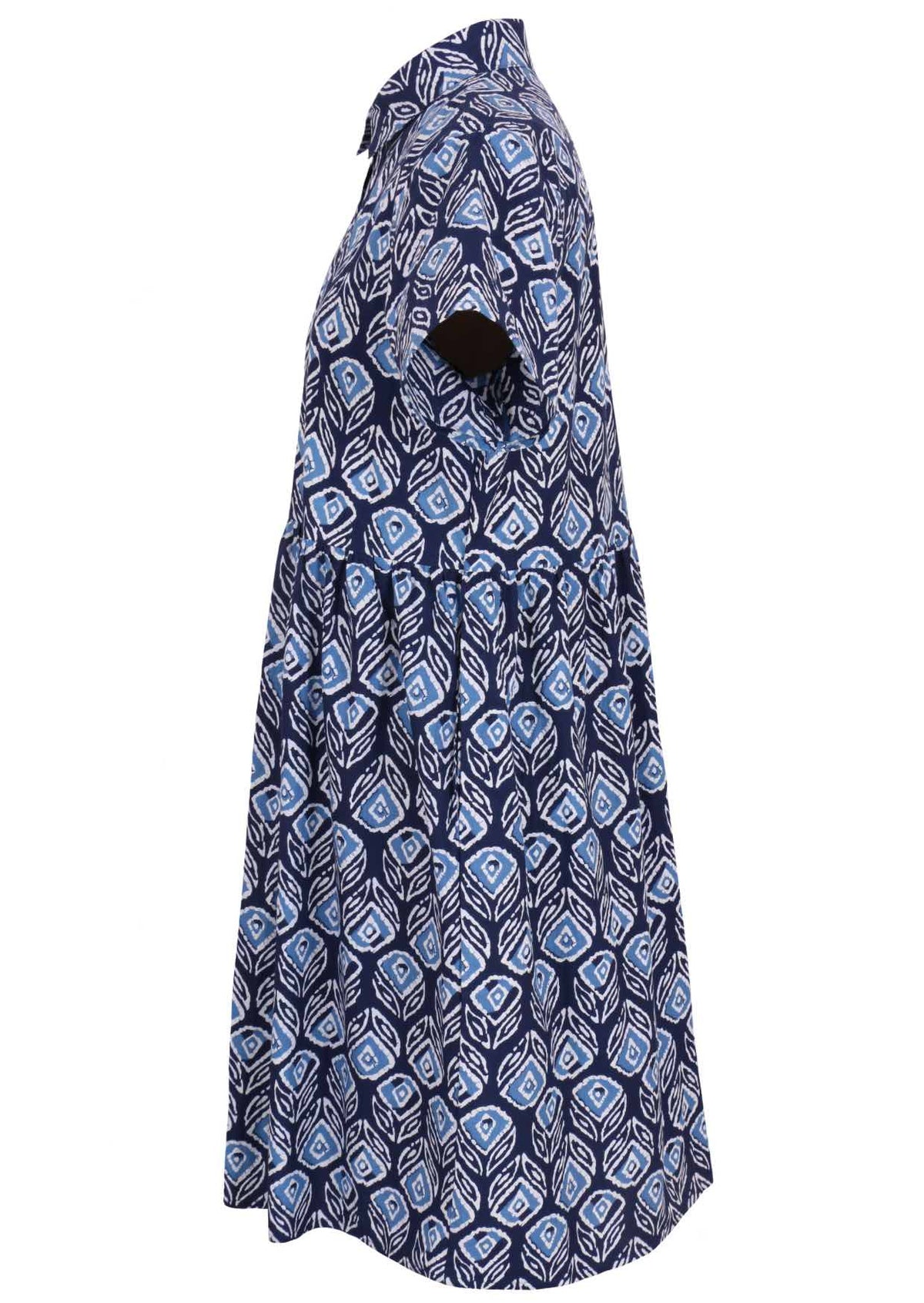 Side view of blue tulip print on dark blue base cotton relaxed fit collared short sleeve dress with hidden side pockets