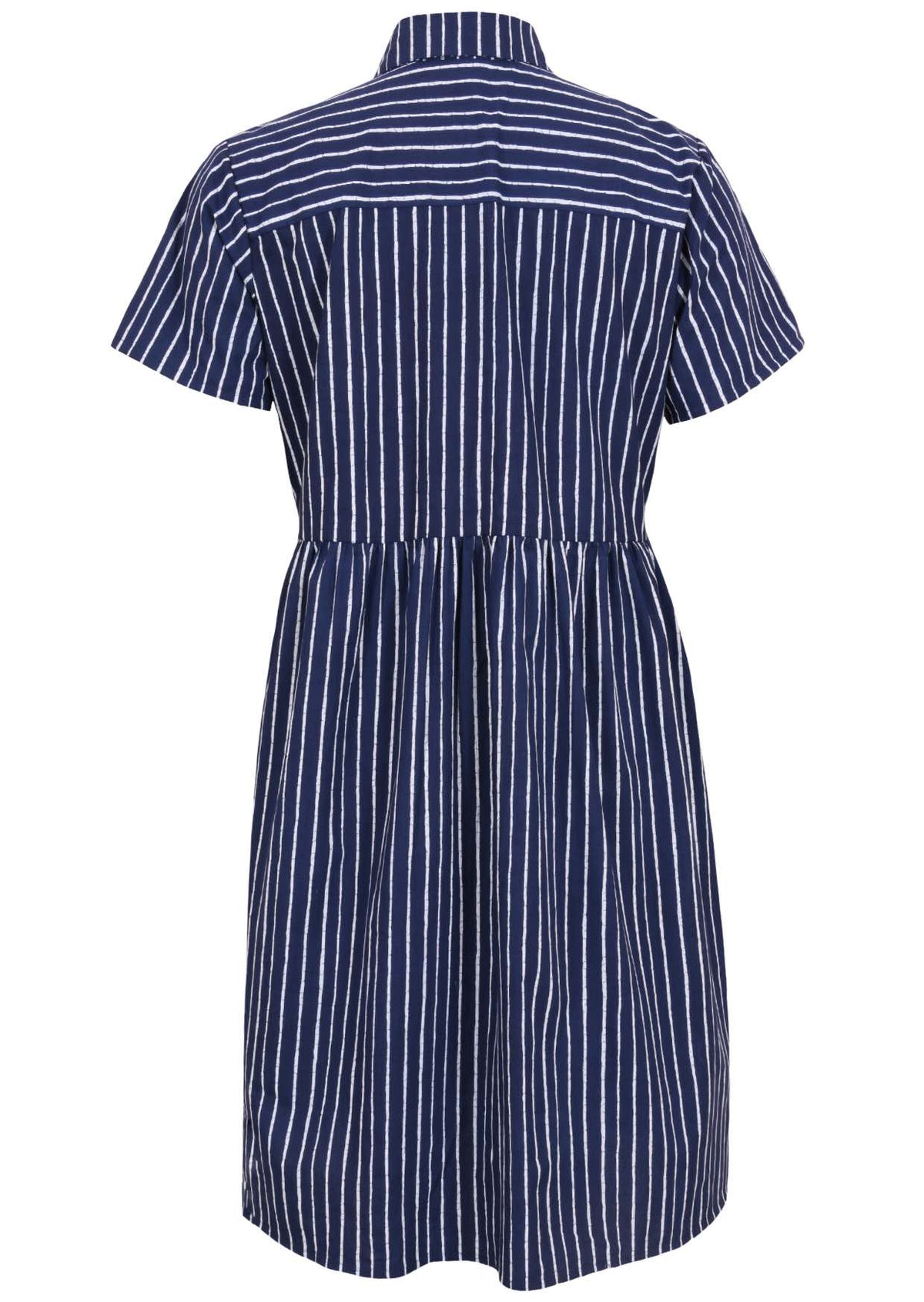 Back view of shikari print on dark blue base cotton relaxed fit collared short sleeve dress