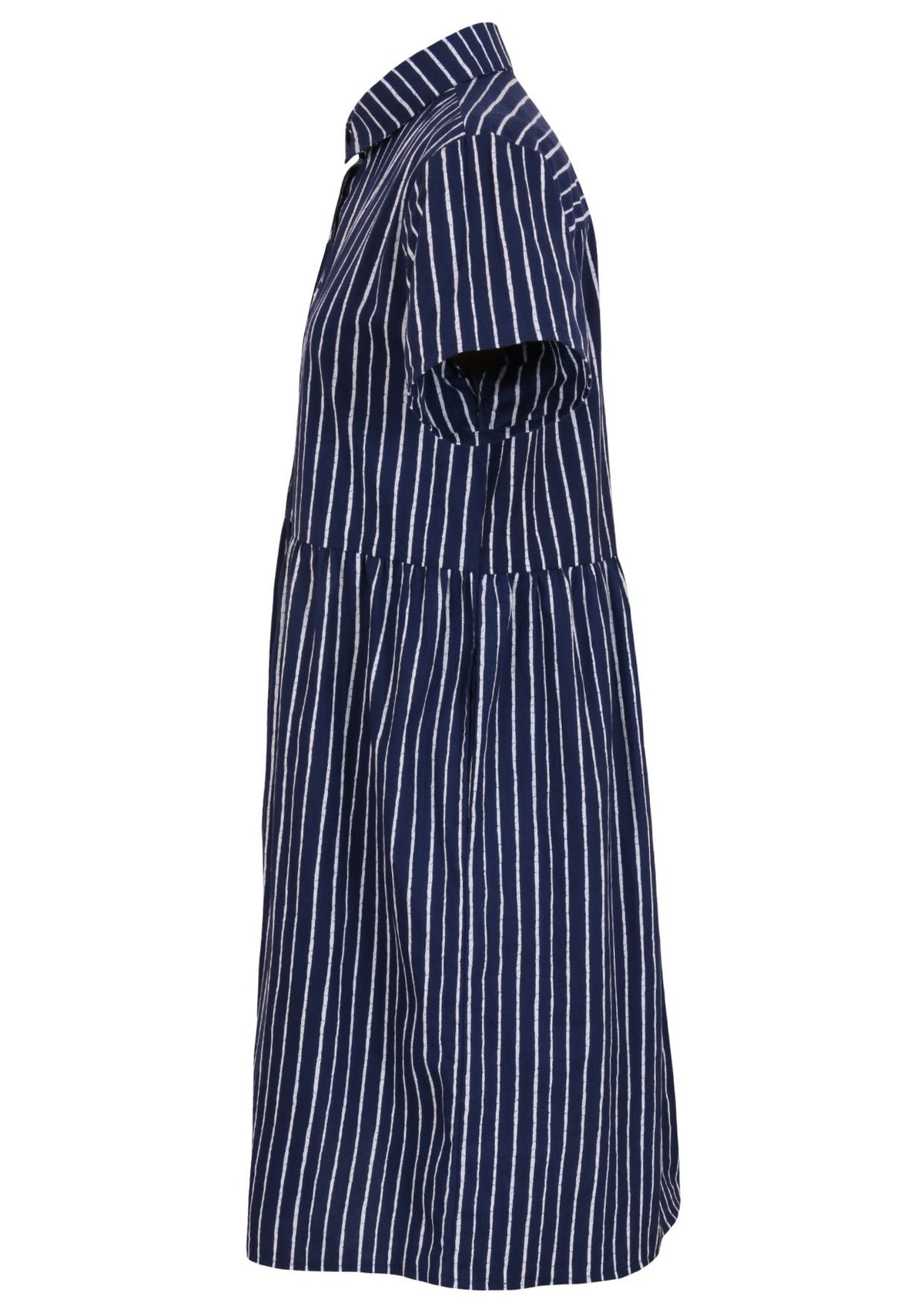 Side view of shikari print on dark blue base cotton relaxed fit collared short sleeve dress with hidden side pockets