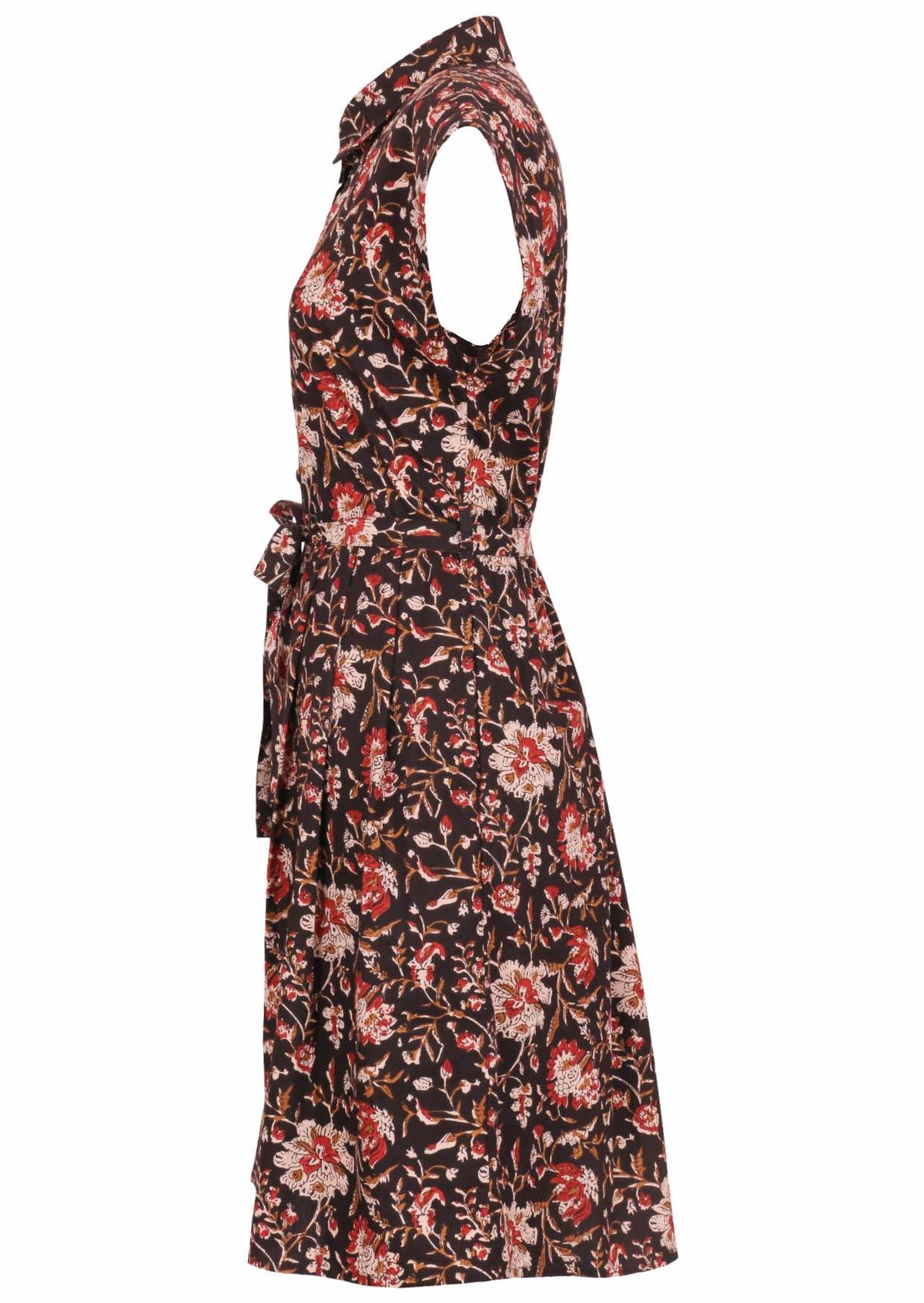Black based traditional Indian floral print cotton dress with cap sleeves.