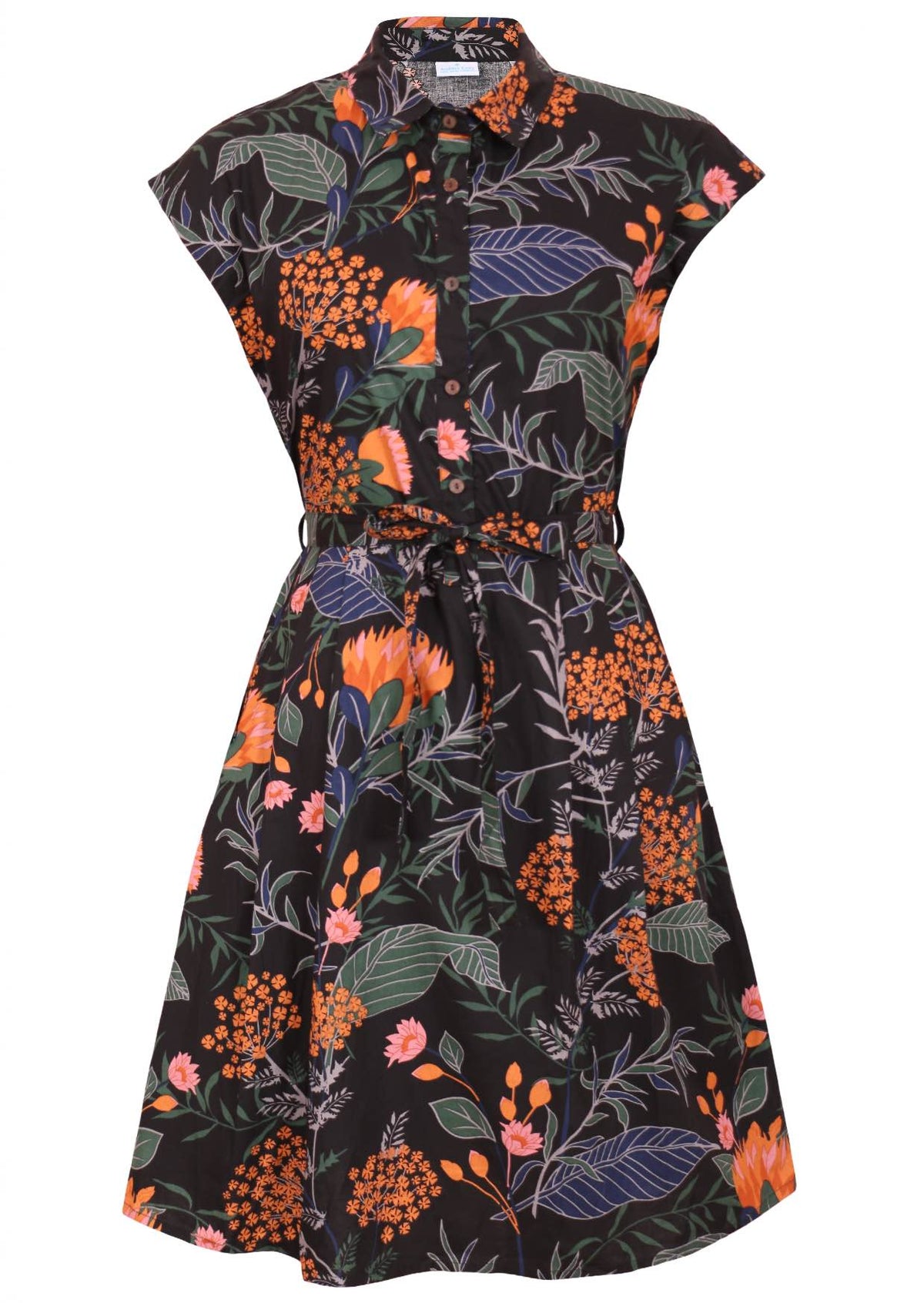 Knee length black shirt style collared dress with buttoned bodice, cap sleeves and a fabric waist tie