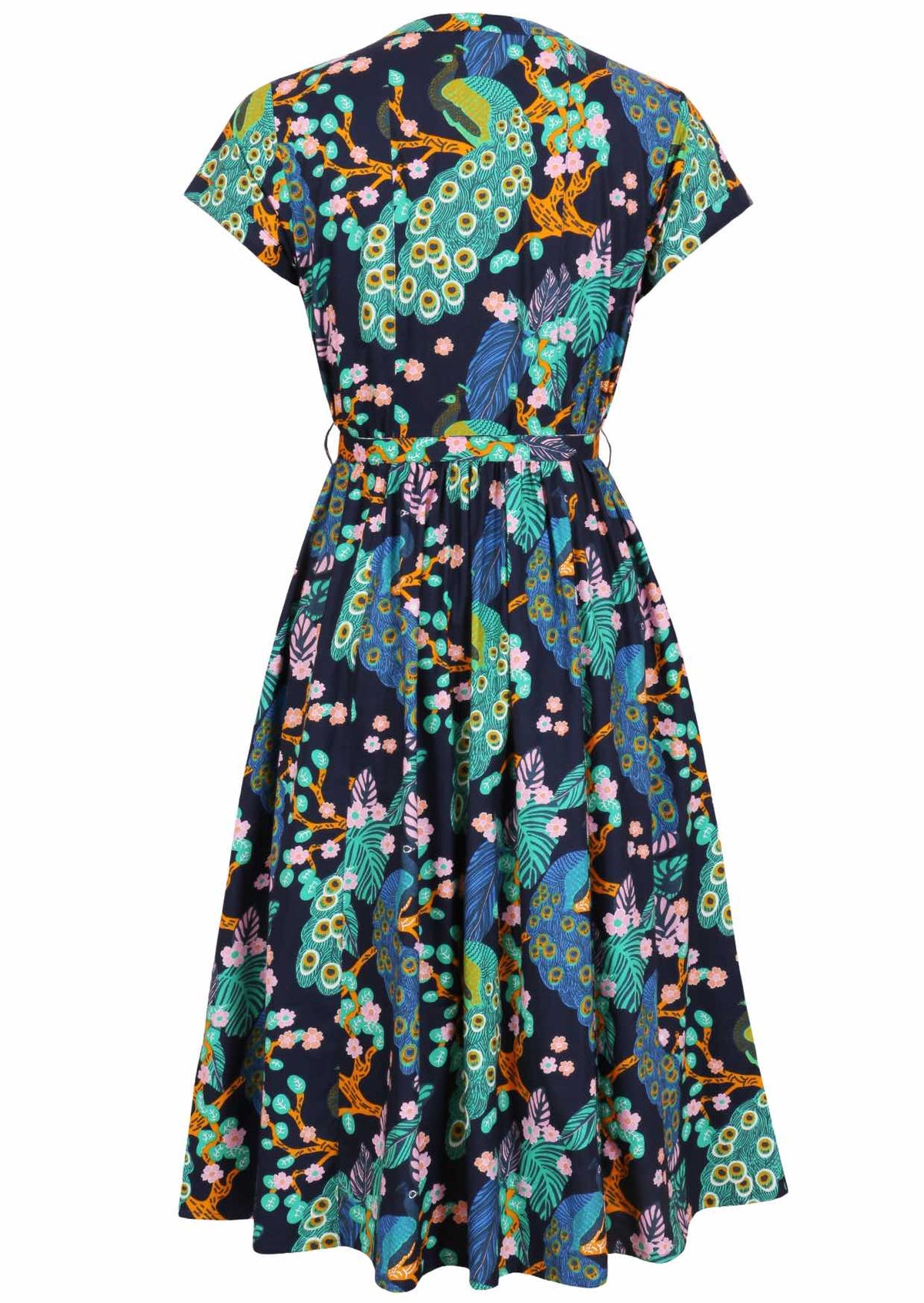 Back view of 50's style cotton midi length dress with a waist tie and cap sleeves
