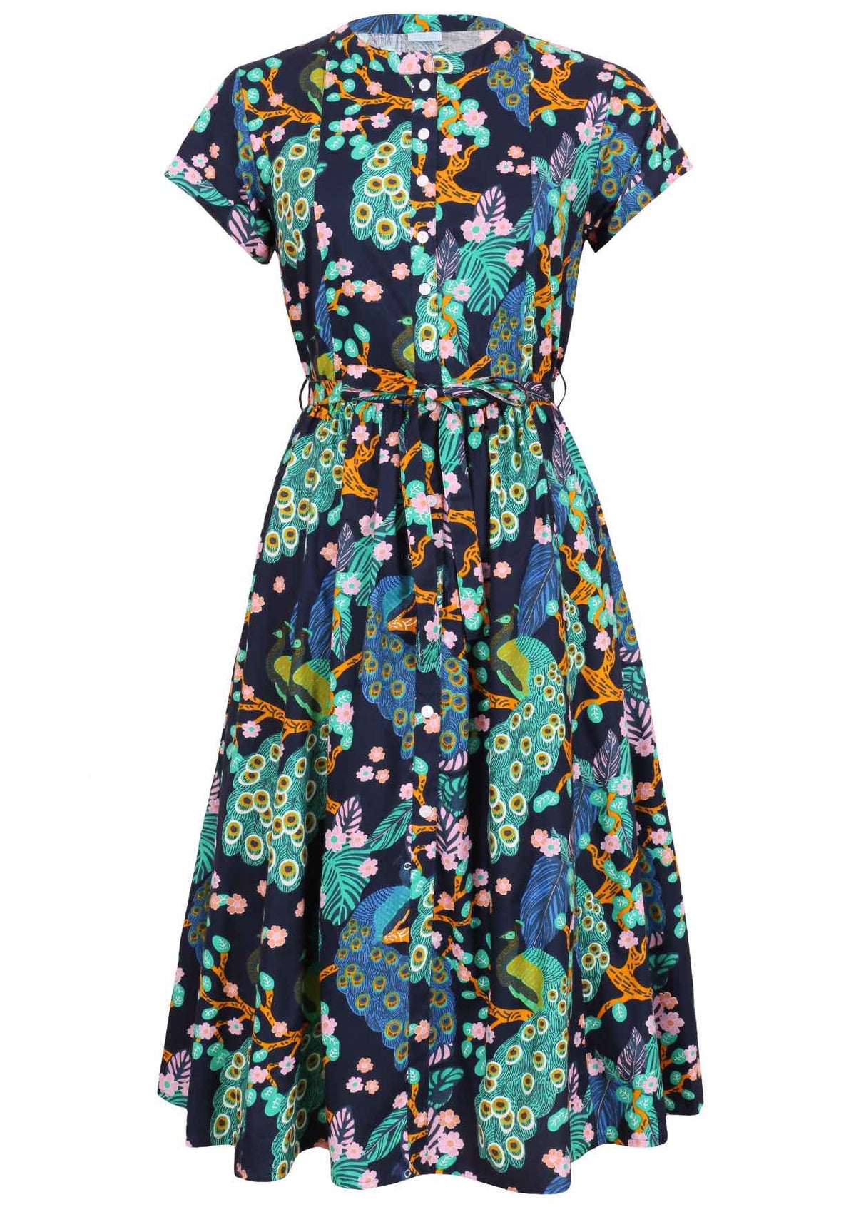 50's style cotton button through midi length dress with a waist tie