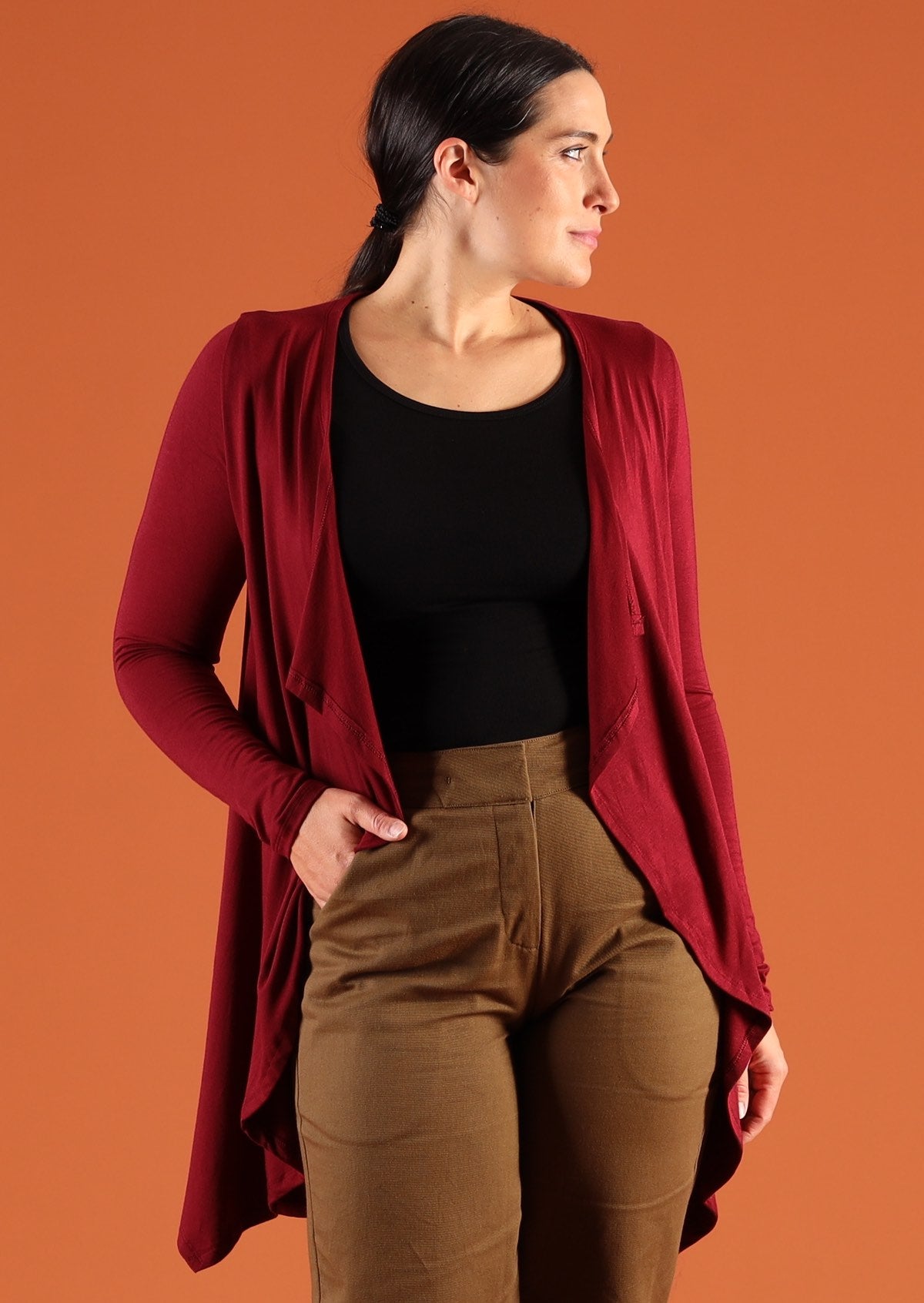 Waterfall Cardi long sleeve handkerchief hem soft stretch rayon black | Karma East Australia