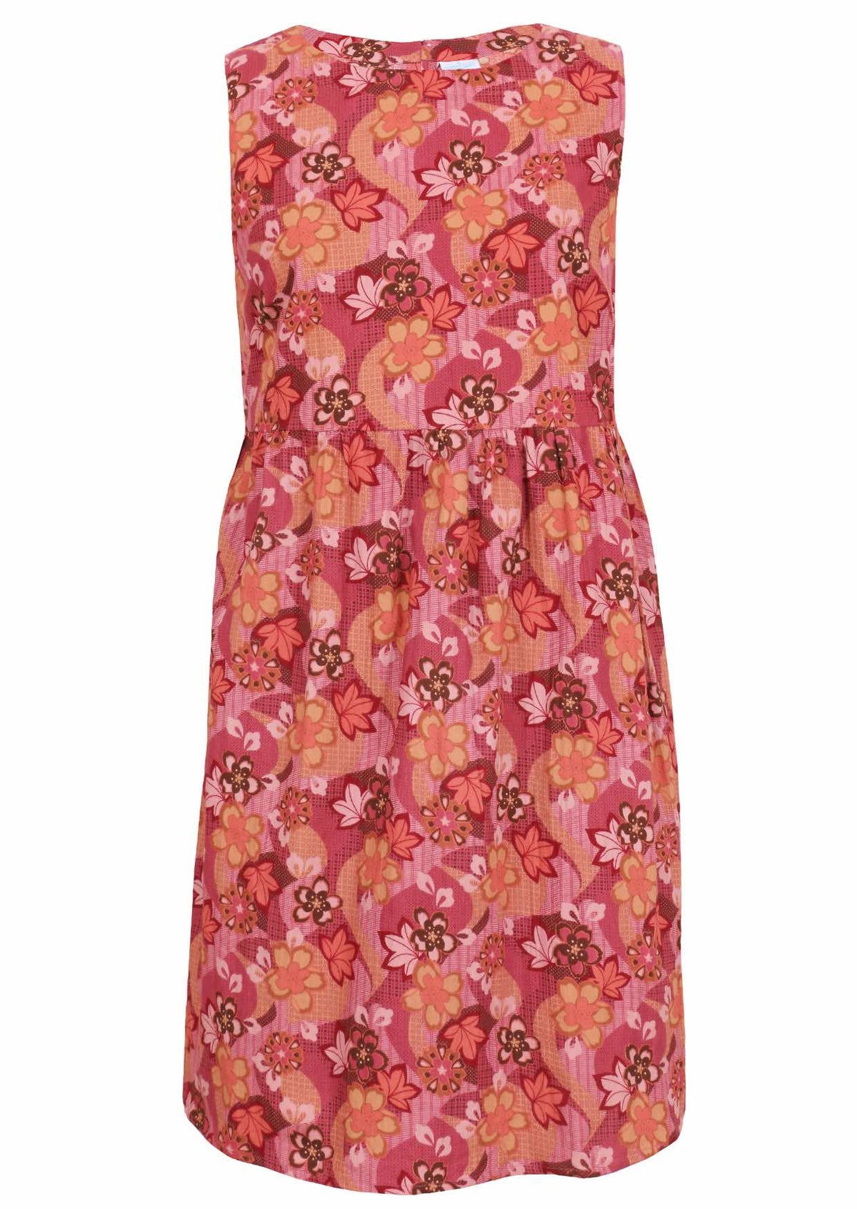 Round neckline cotton dress with Japanese-style print in pink, maroon, brown, peach, and khaki tones.