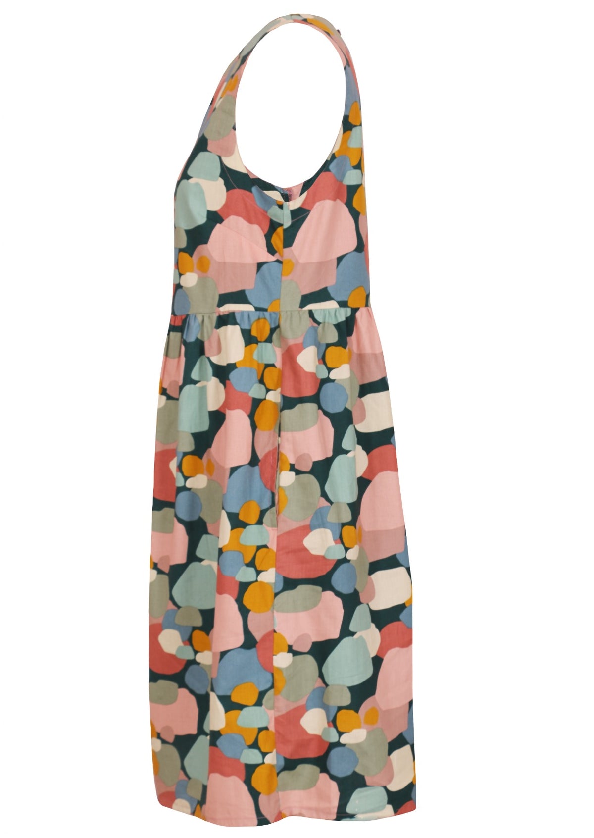 Multi pastel coloured print sleeveless dress with an empire waistline and hidden side pockets