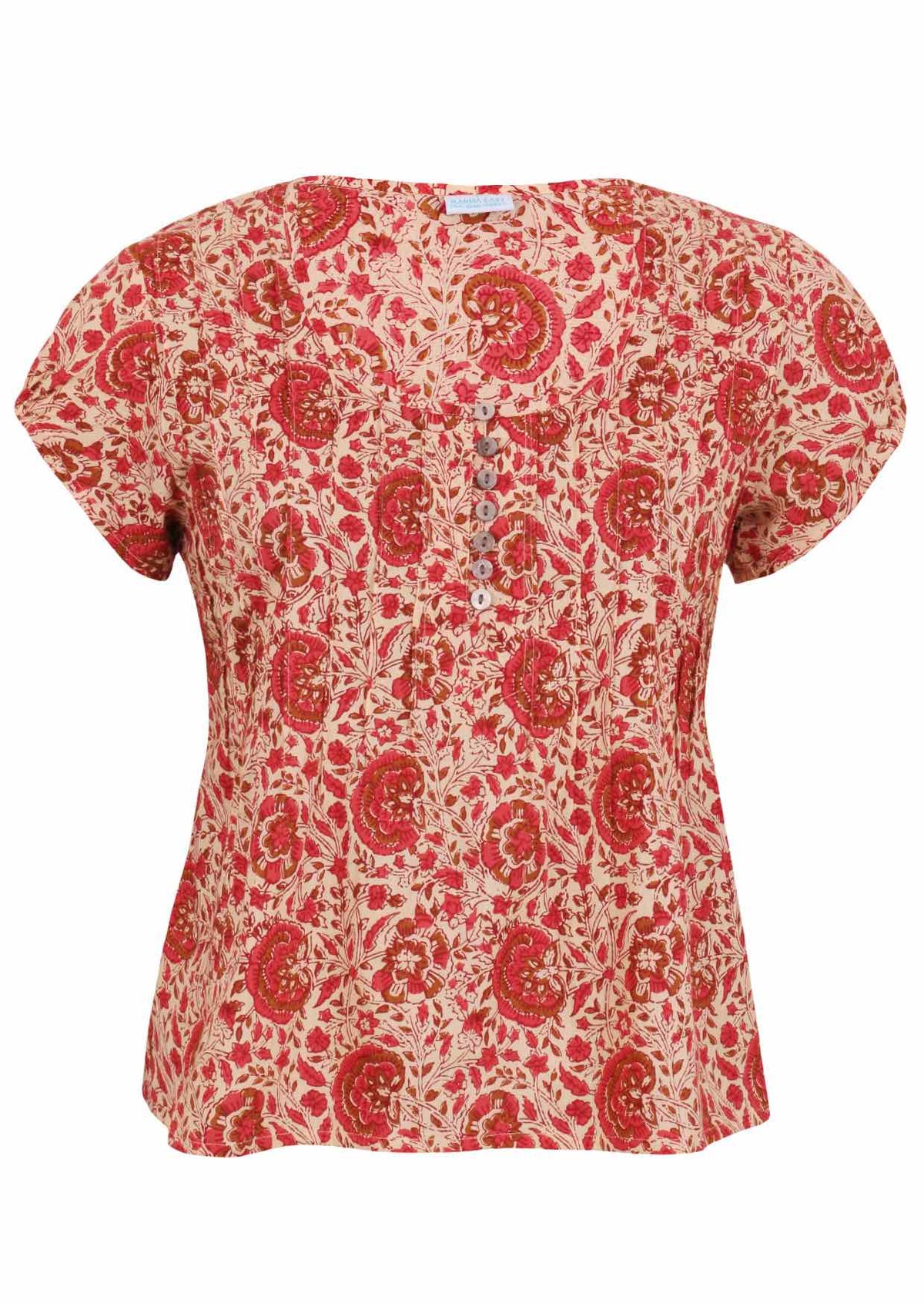 Cream based floral print 100% cotton top with coconut buttons.
