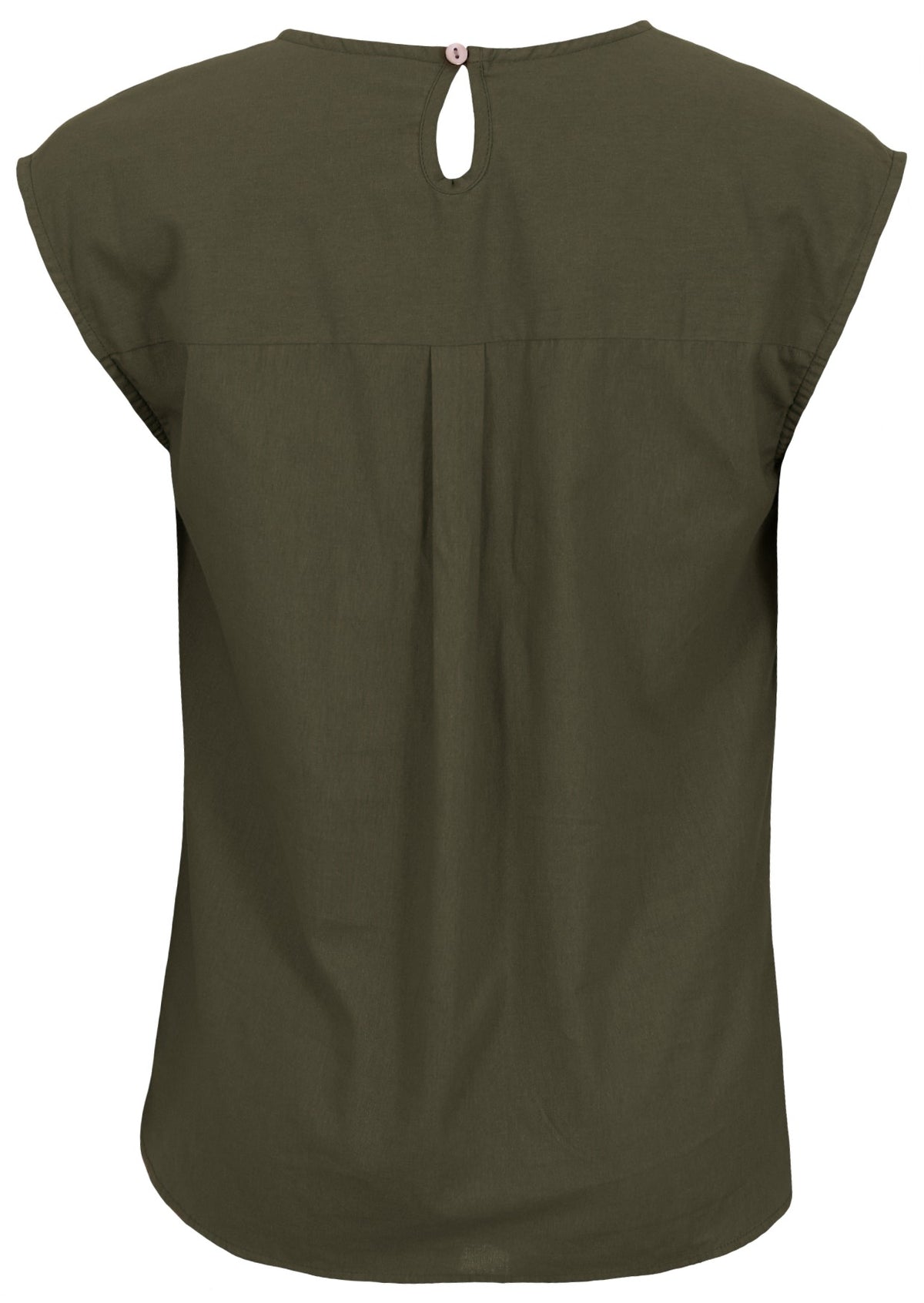 Back view of 100% cotton top in plain green kalamata colour with button closure at the nape of neck