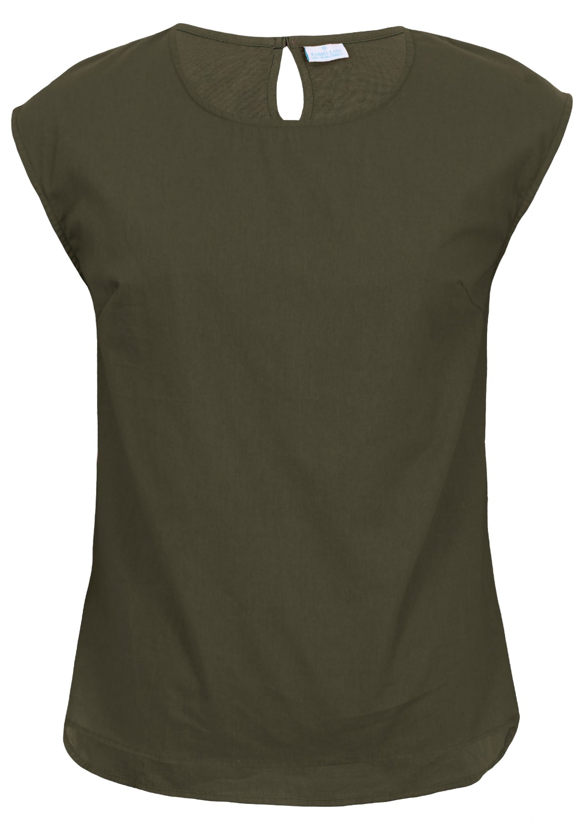 Front view of 100% cotton top in plain green kalamata colour with round neckline.
