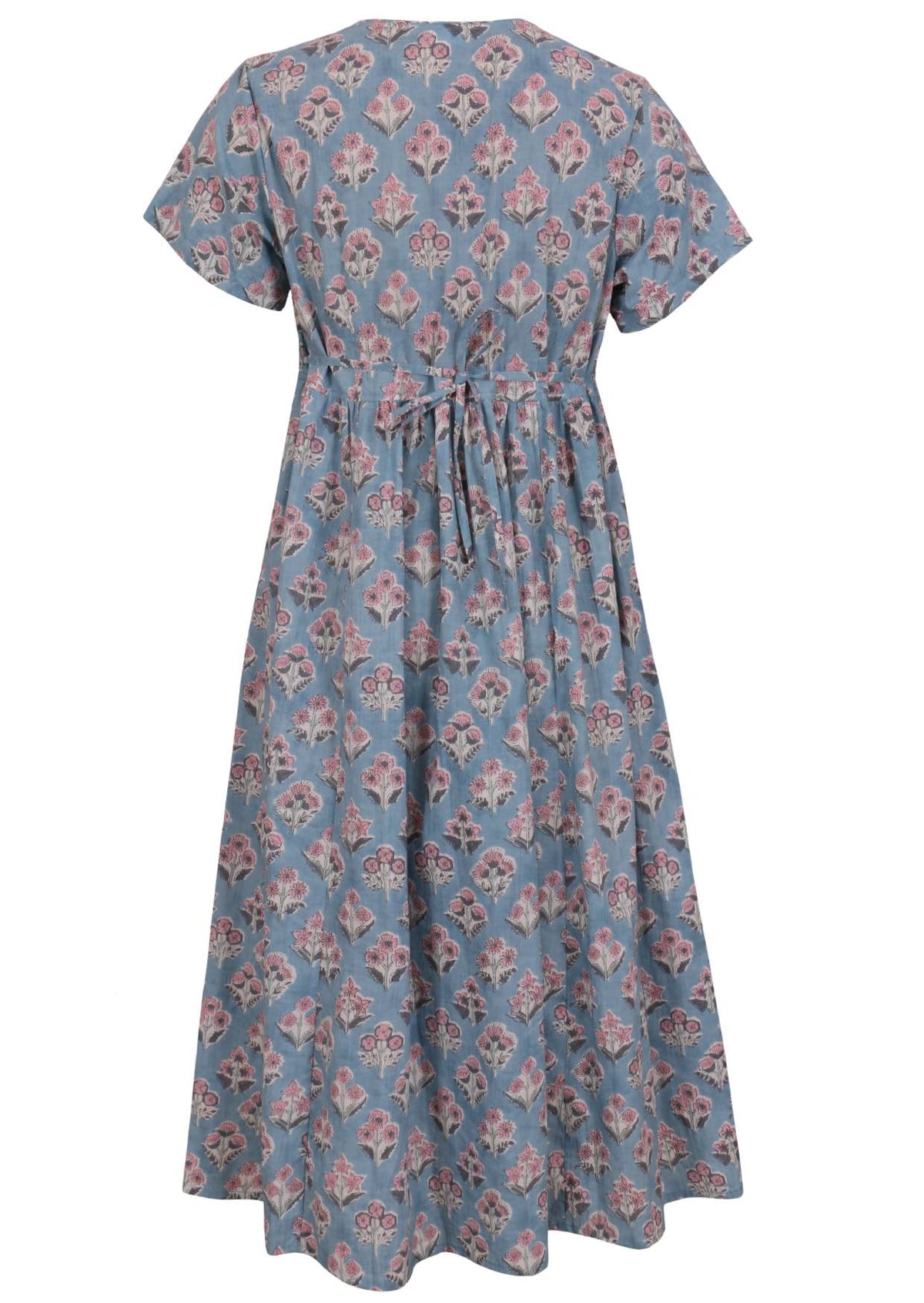 Back view of powder blue based floral print V-neck cotton dress with pockets.