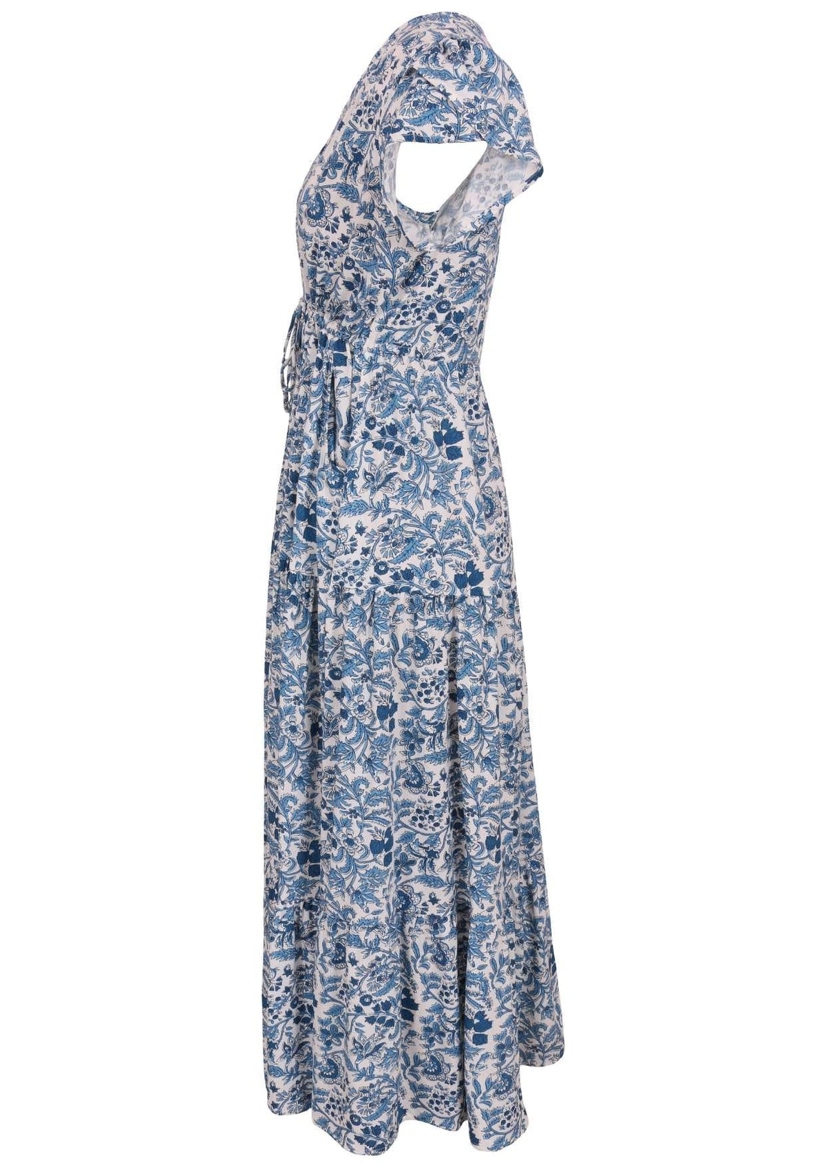 Blue and white floral print maxi dress with V-neck and short sleeves, side view