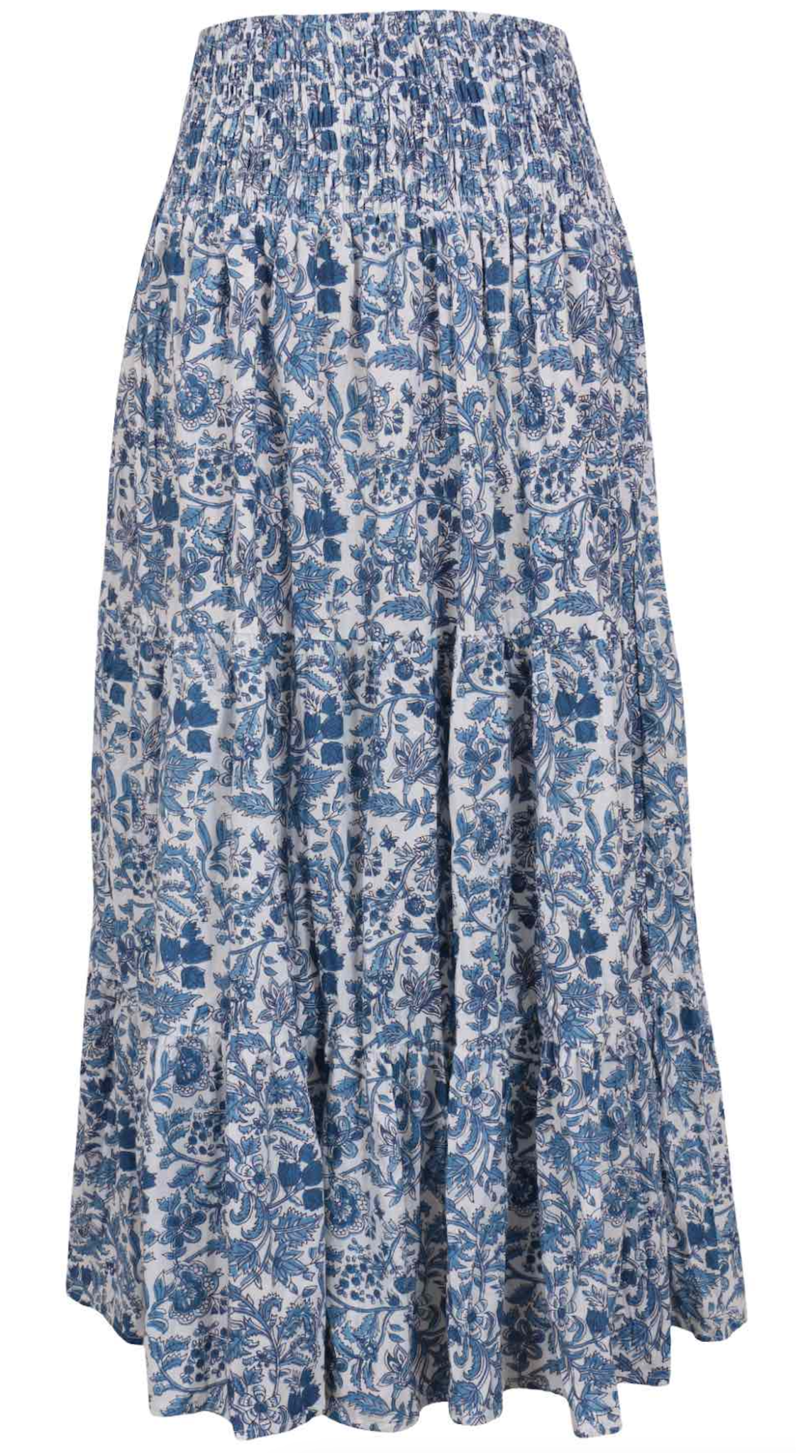 Floral patterned cotton skirt on a white base blue floral print with elasticised waistband.