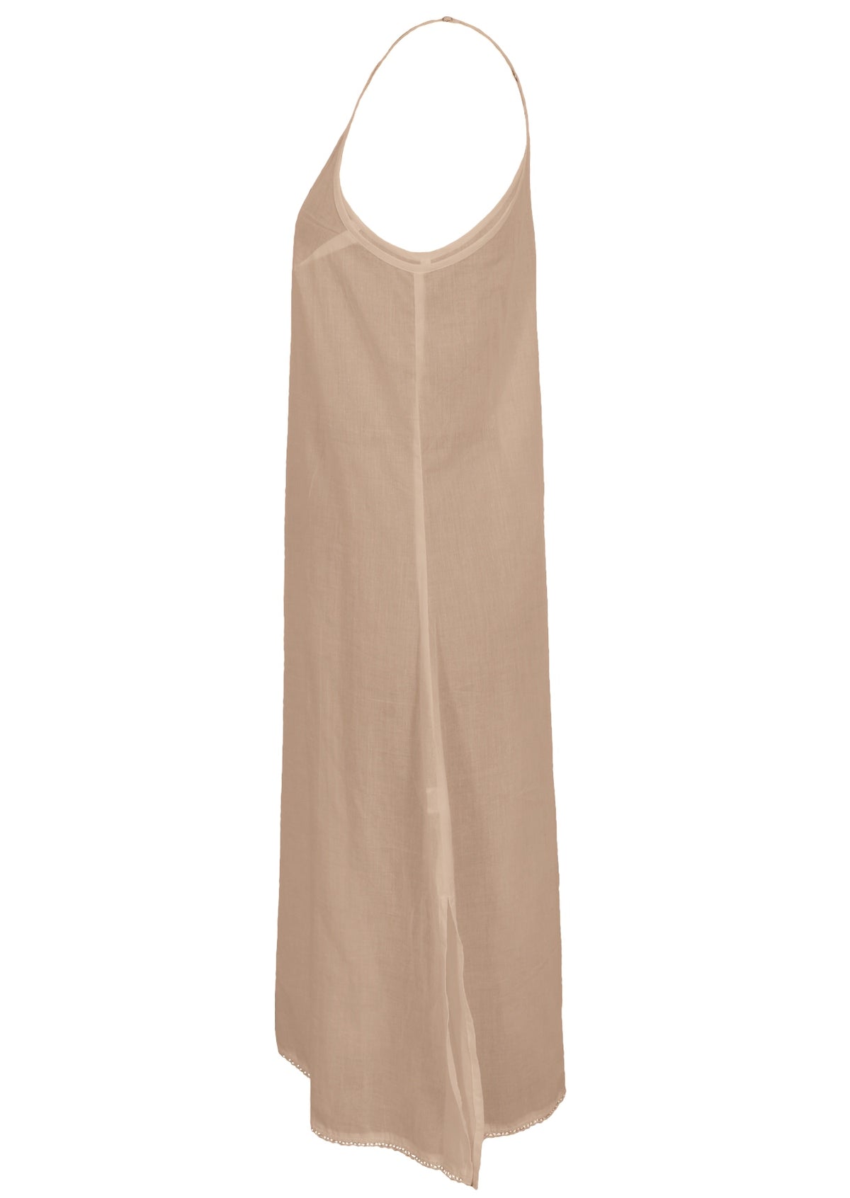 Nude cotton voile slip dress with adjustable spaghetti straps, V-neckline, side splits and a picot trim hem, side view