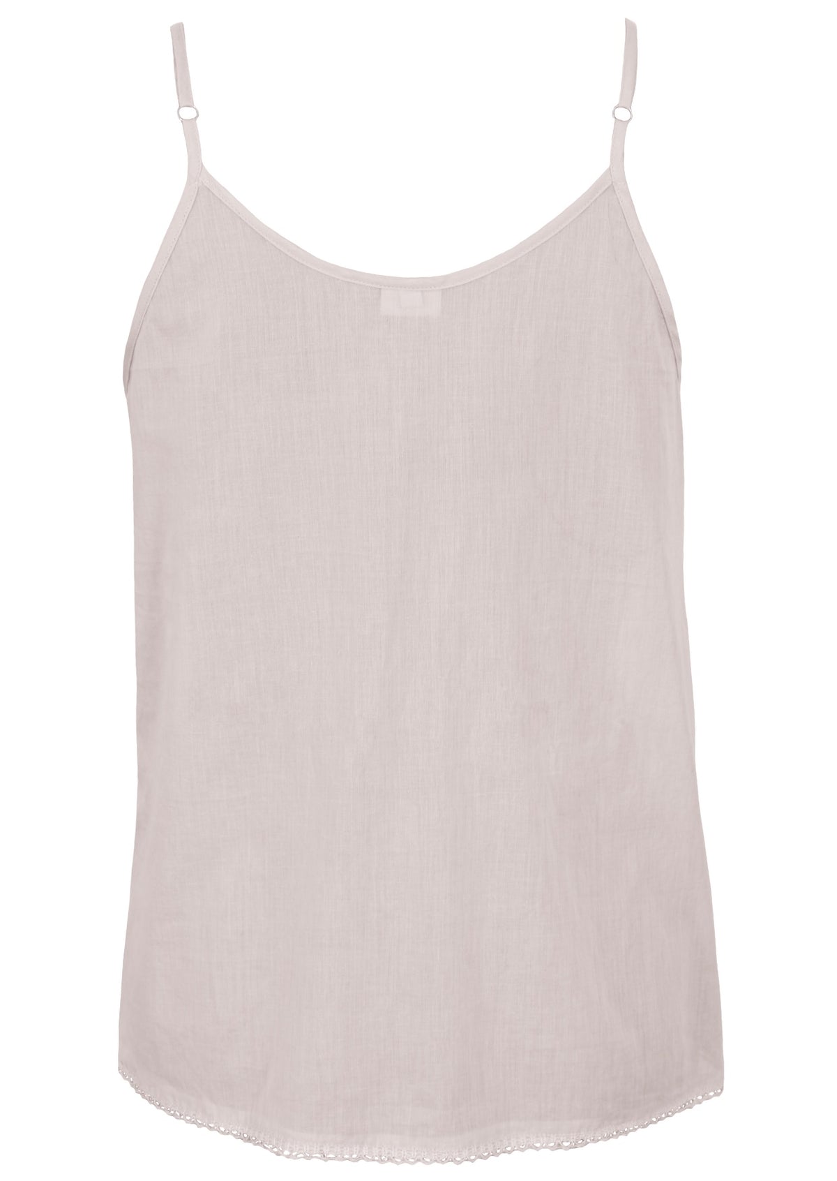 White cotton camisole top with adjustable spaghetti straps, a V-neckline and picot trim, back view