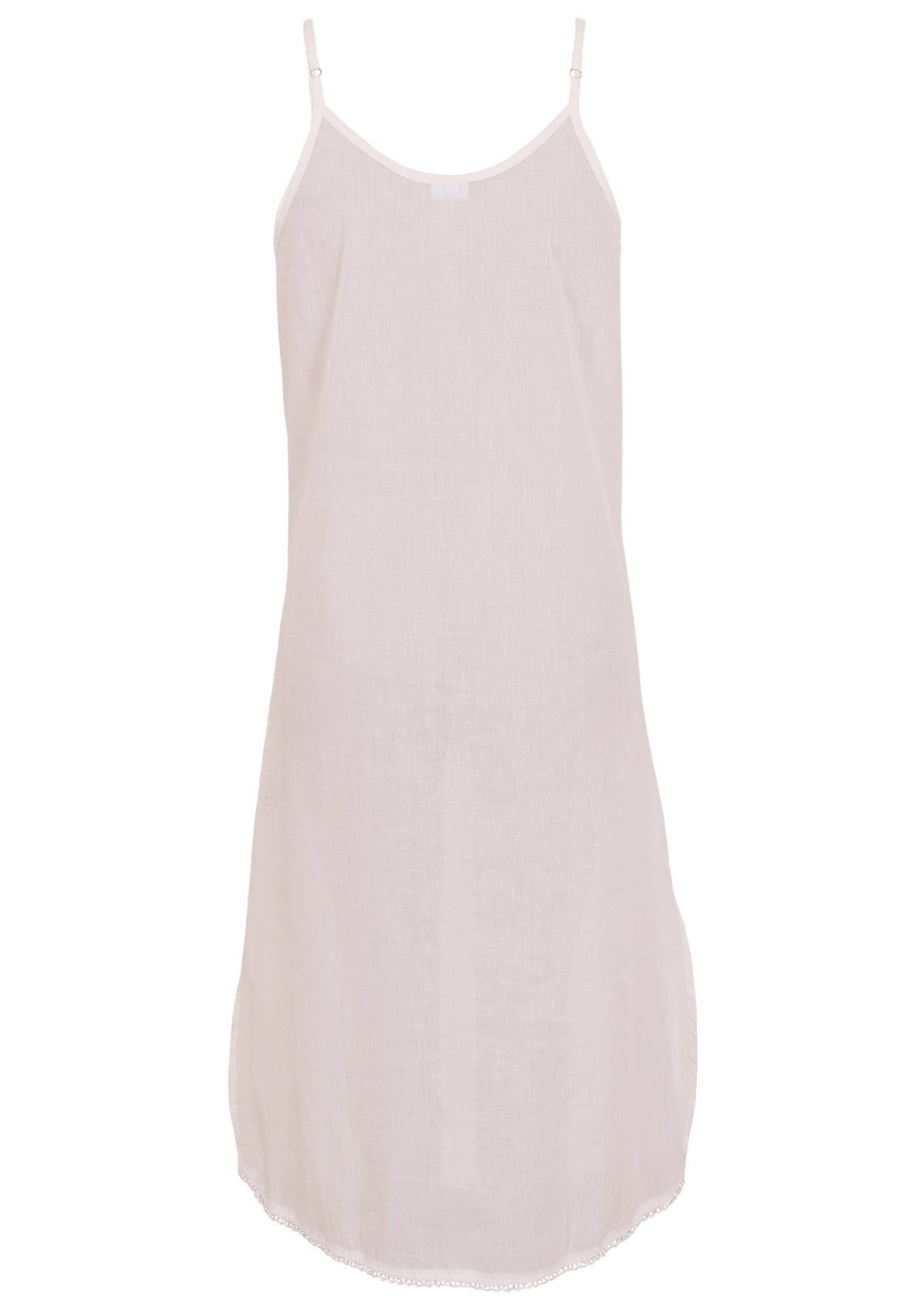 White cotton voile slip dress with adjustable spaghetti straps, V-neckline, side splits and a picot trim hem, back view
