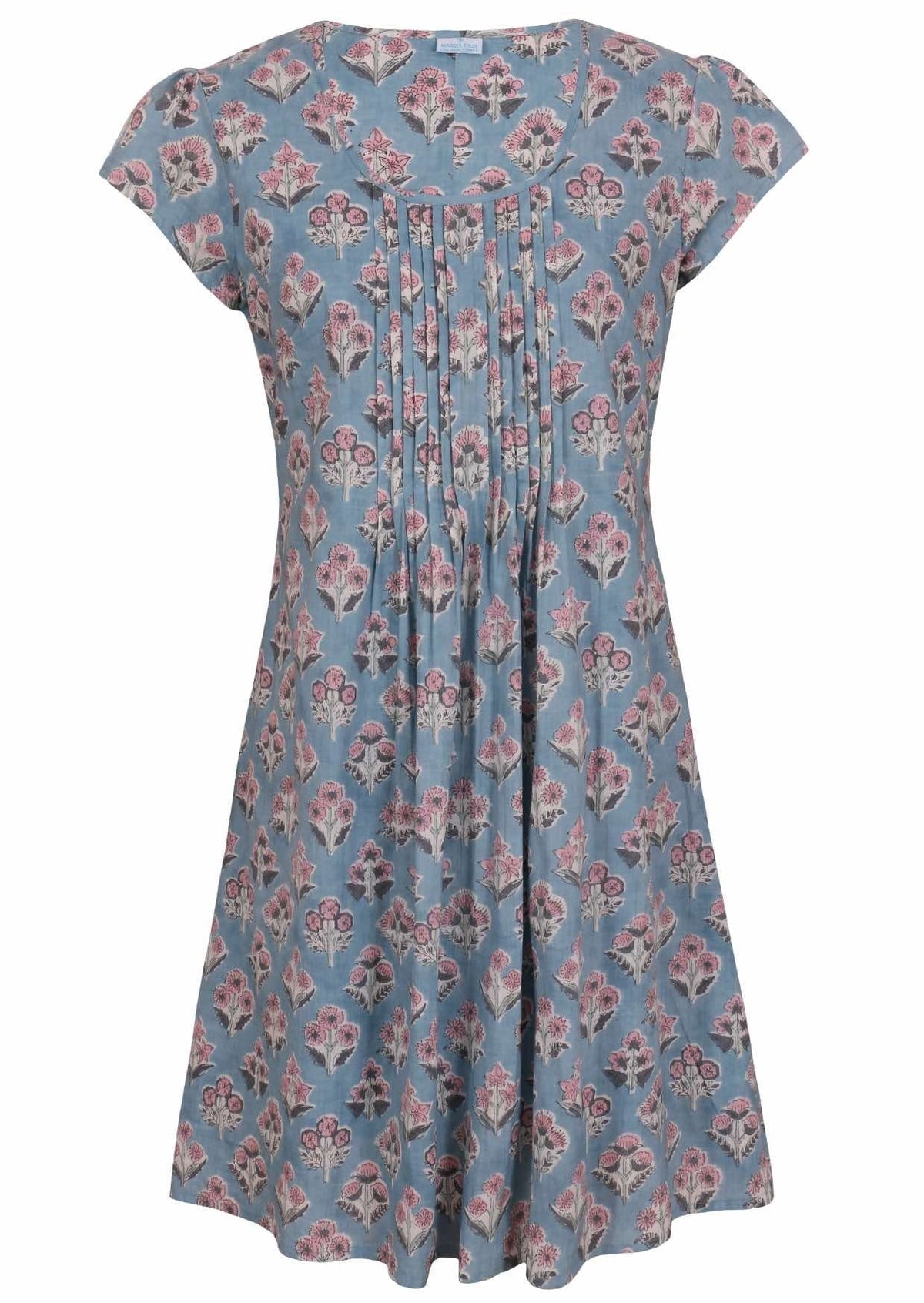 Front mannequin photo of cotton above knee dress in blue based floral print.