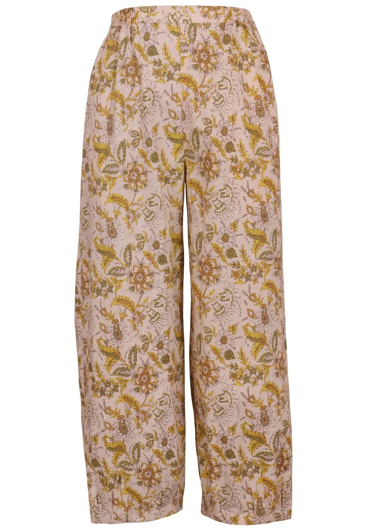 100% cotton boho style wide leg pants with high elasticated waist and pleated ankles