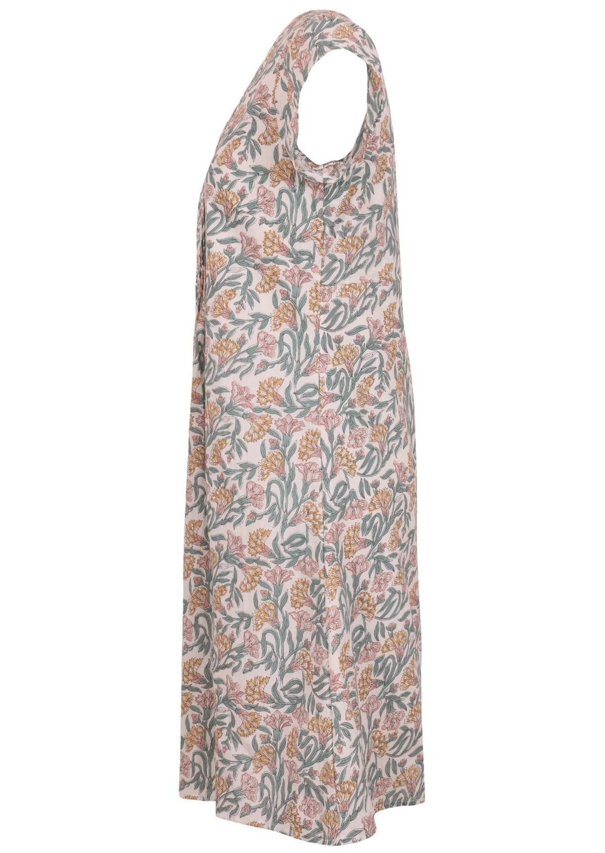Side mannequin photo of cotton above knee dress with cap sleeves.