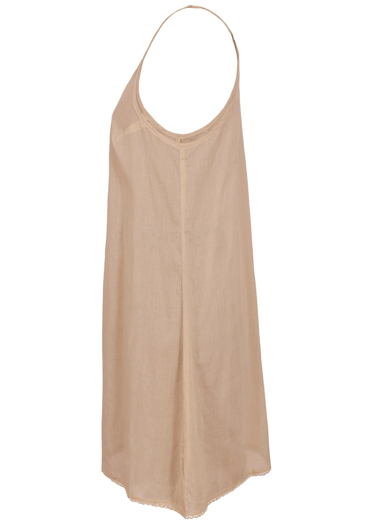Beige cotton slip with halter neck and lace hem, side view