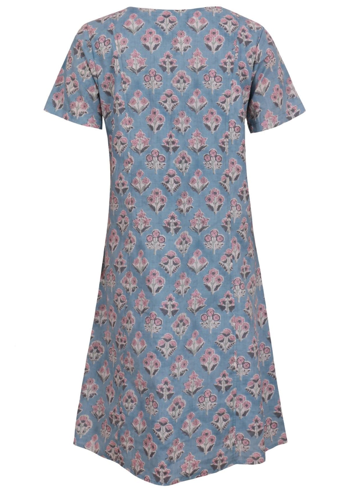 Back view of cotton dress with round neckline in blue based floral print.