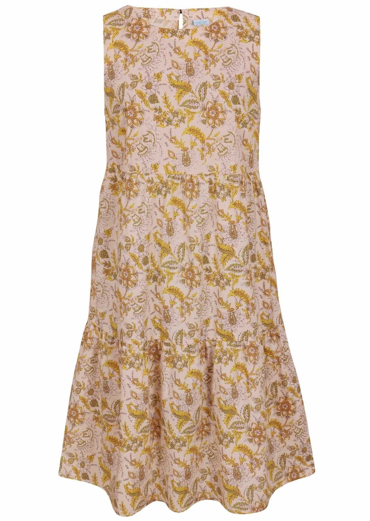 100% cotton sleeveless, relaxed fit midi length dress with pockets, tiered design and high round neckline