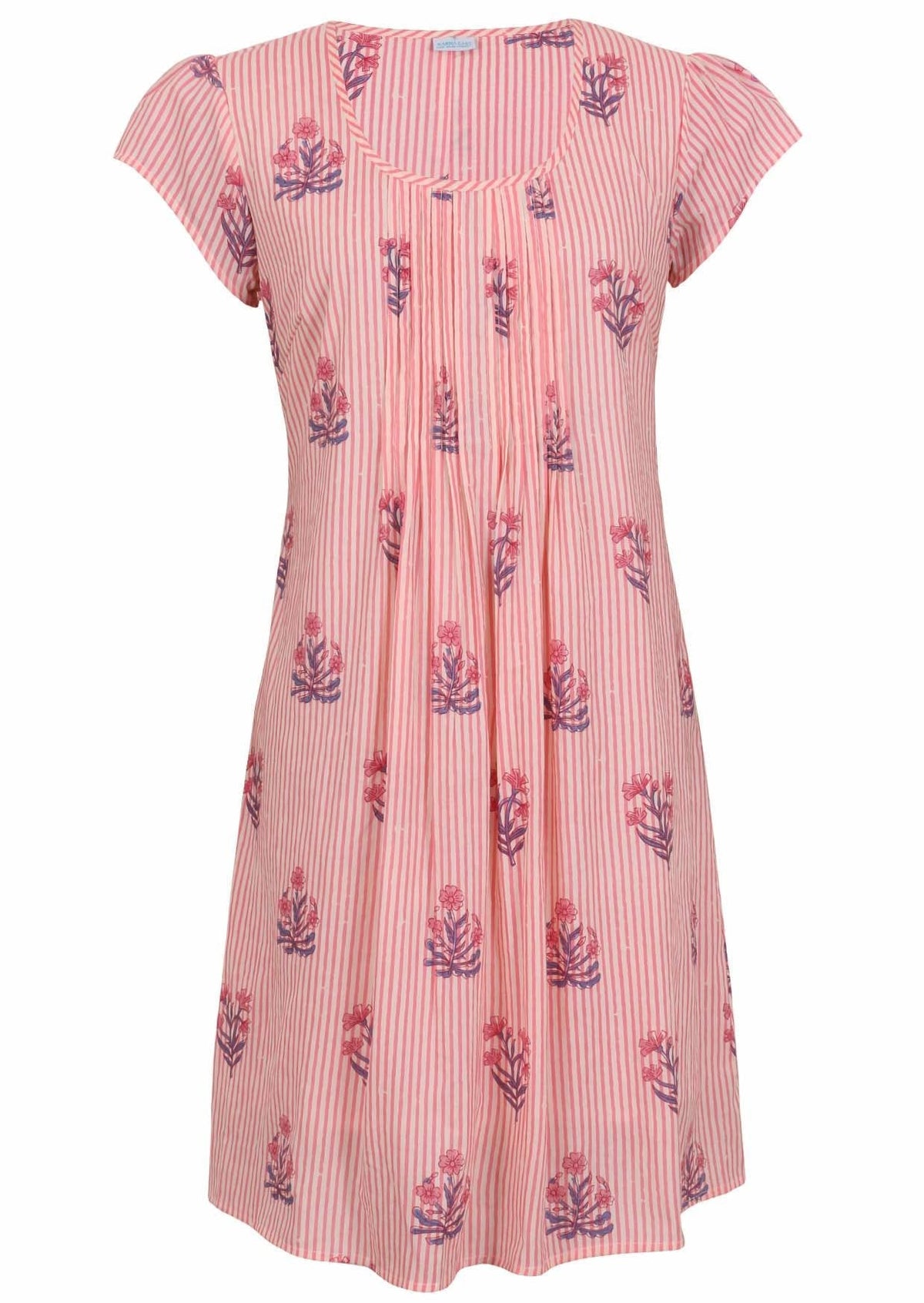 Front mannequin photo of cotton above knee dress in pink striped white based floral print.