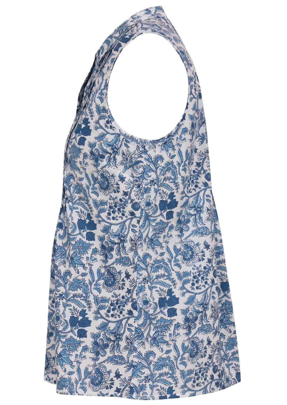 Side view of 100% cotton sleeveless top with decorative vertical pleats and mandarin buttoned collar