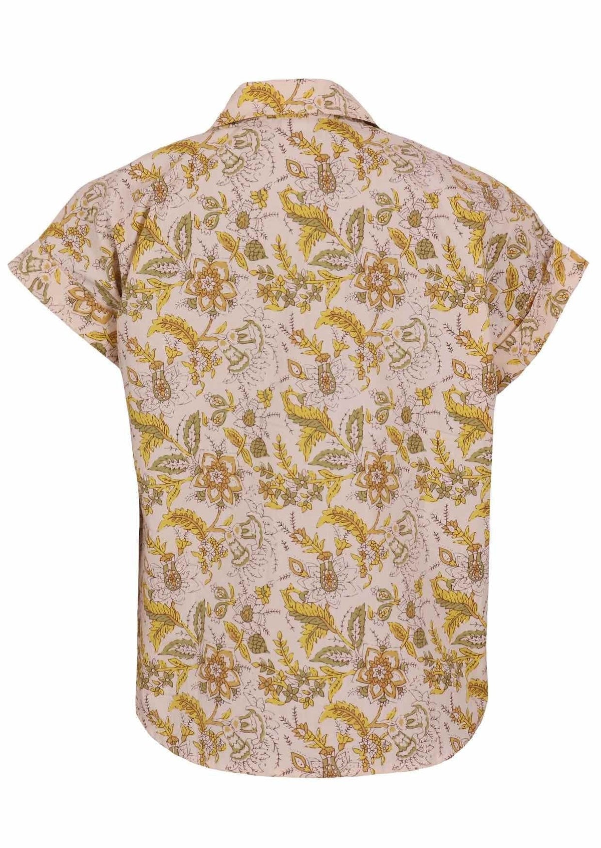 Lightweight 100% cotton top in cream based floral print with V neckline, collar and short folded sleeves