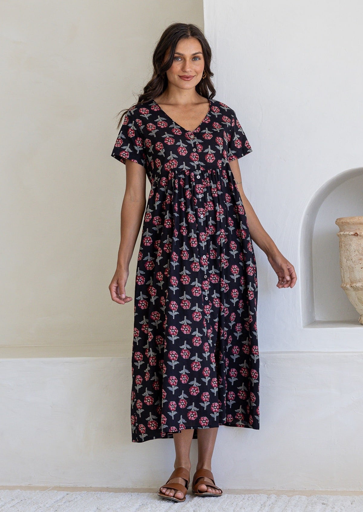 Woman wearing a black floral print midi dress with V-neck and short sleeves.