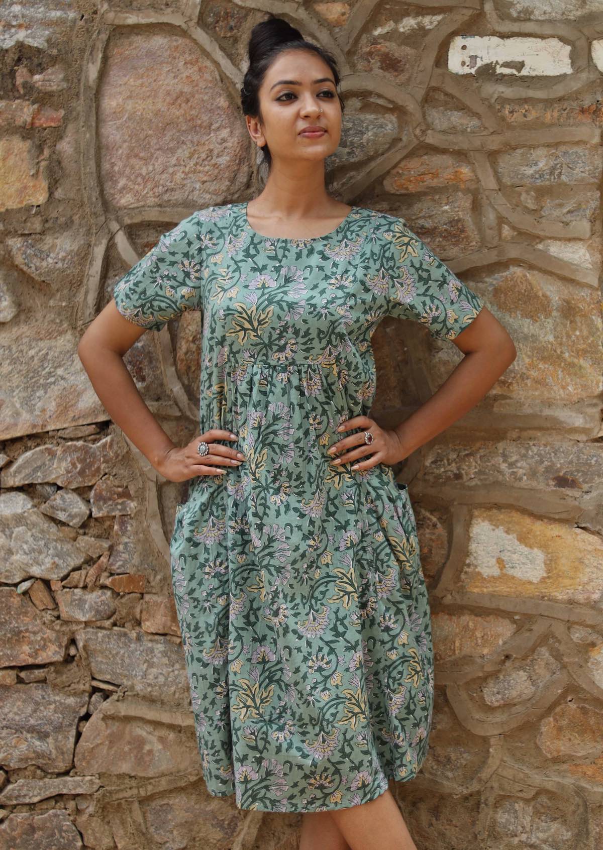 Model wearing designed in Australia 100% Cotton Lined Womens Dress
