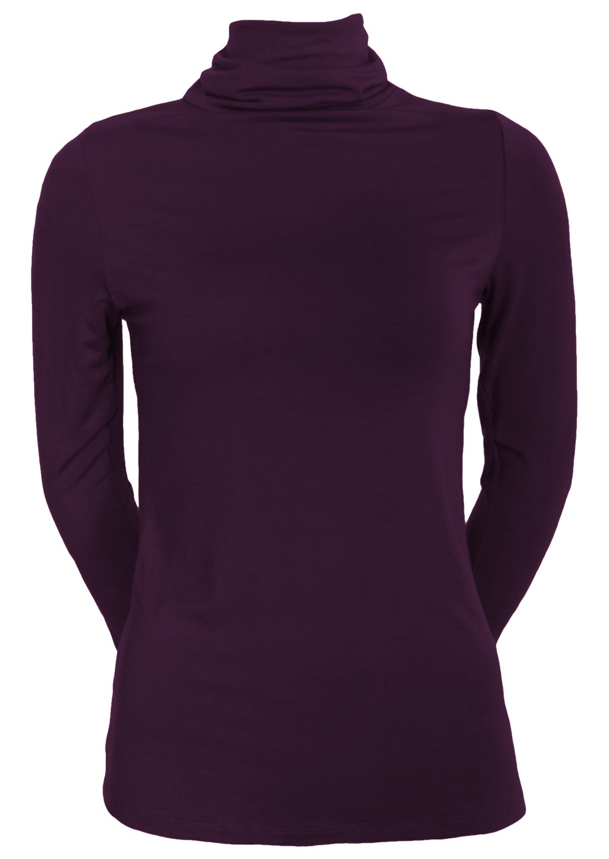 Front view of women's turtle neck purple fitted long sleeve soft stretch rayon top.