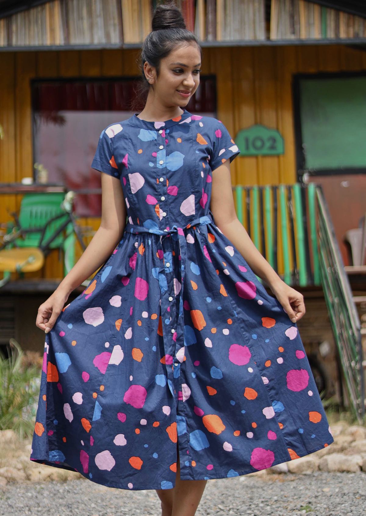 Blue Spotted Print 100% Cotton Midi Dress Ethical Production