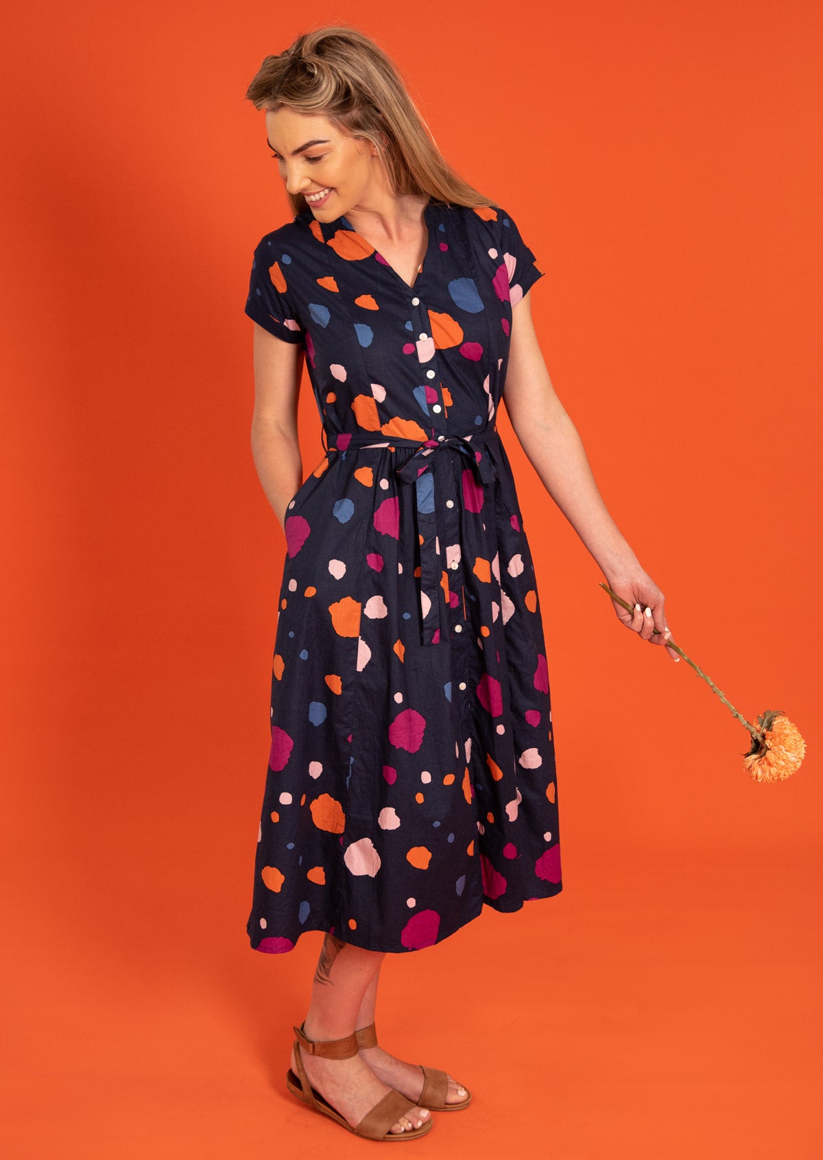 Belt Loop Waist Tie 100% Cotton Midi Dress