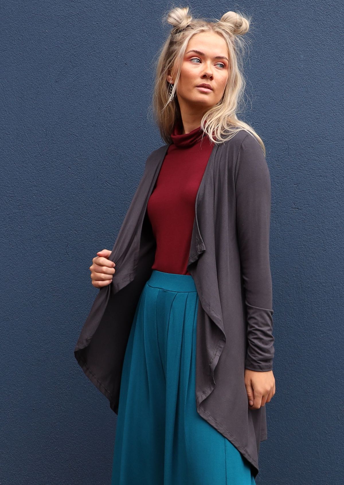 Waterfall Cardi long sleeve handkerchief hem soft stretch rayon dark grey | Karma East Australia