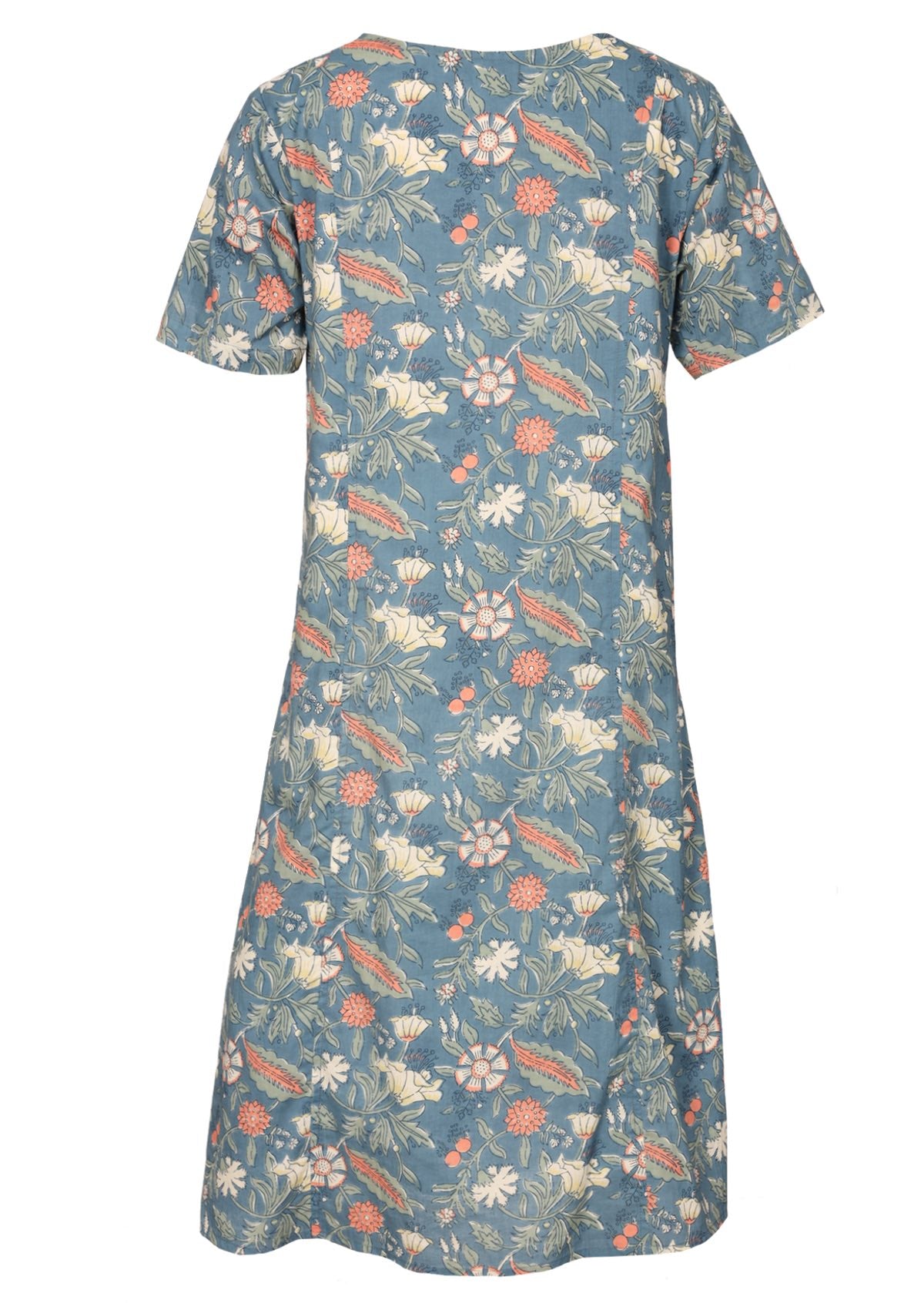 Cotton relaxed fit short sleeve dress with coral, sage and lemon floral print on a mid blue base