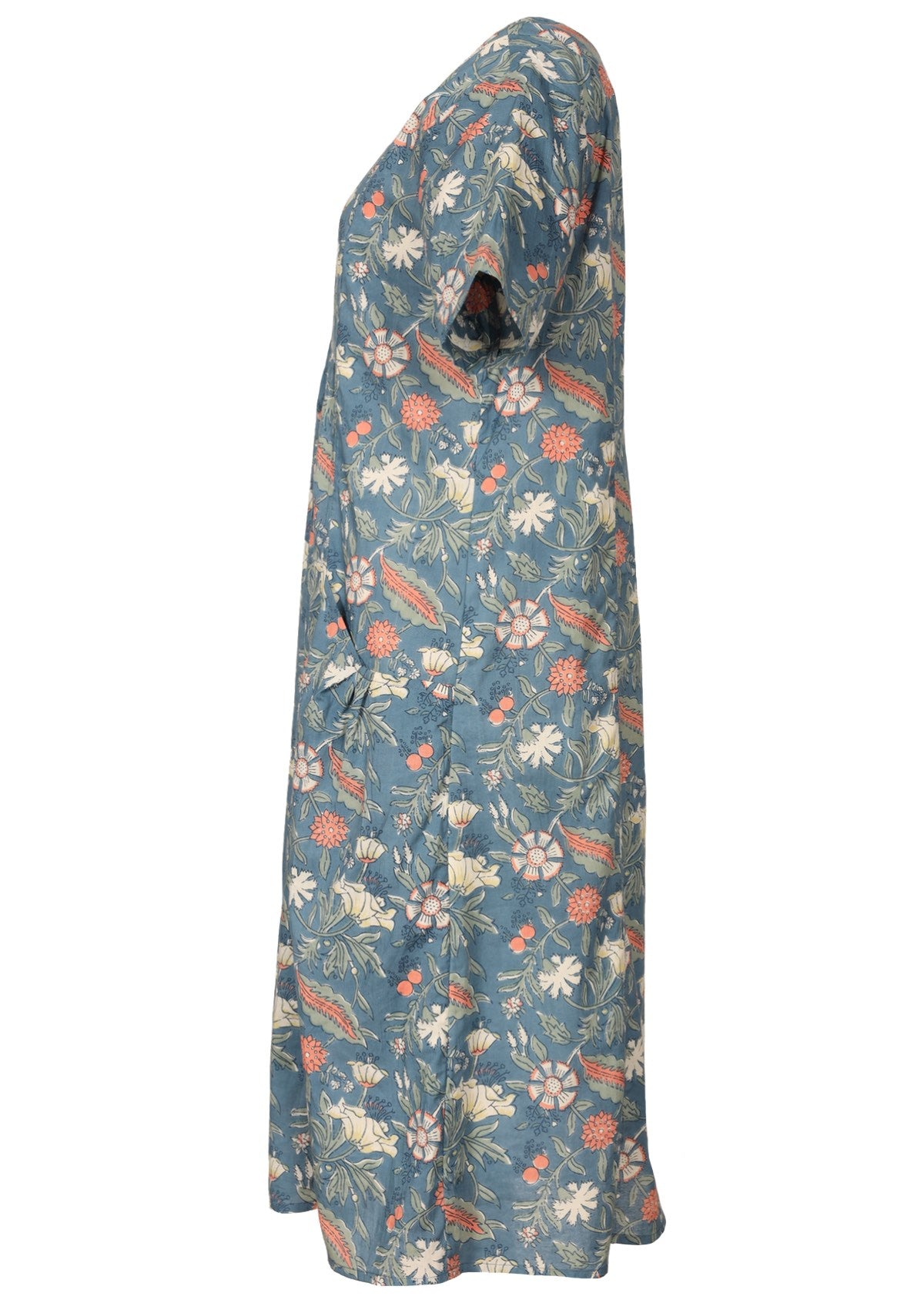 Cotton relaxed fit short sleeve dress with pockets in floral print on a mid blue base