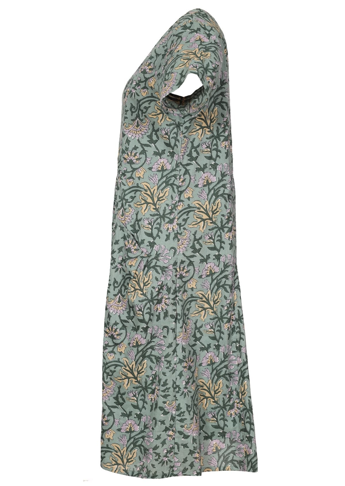 Side View Short Sleeve Cotton Floral Dress with pockets.