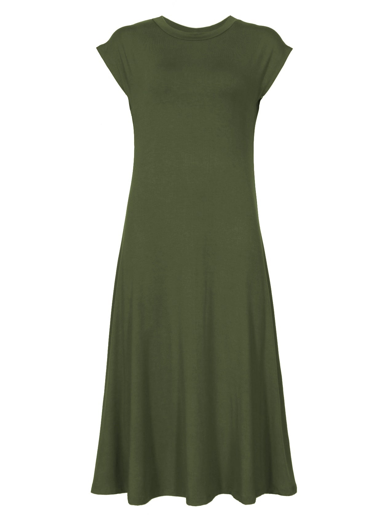 round neck short cap sleeve stretch midi dress