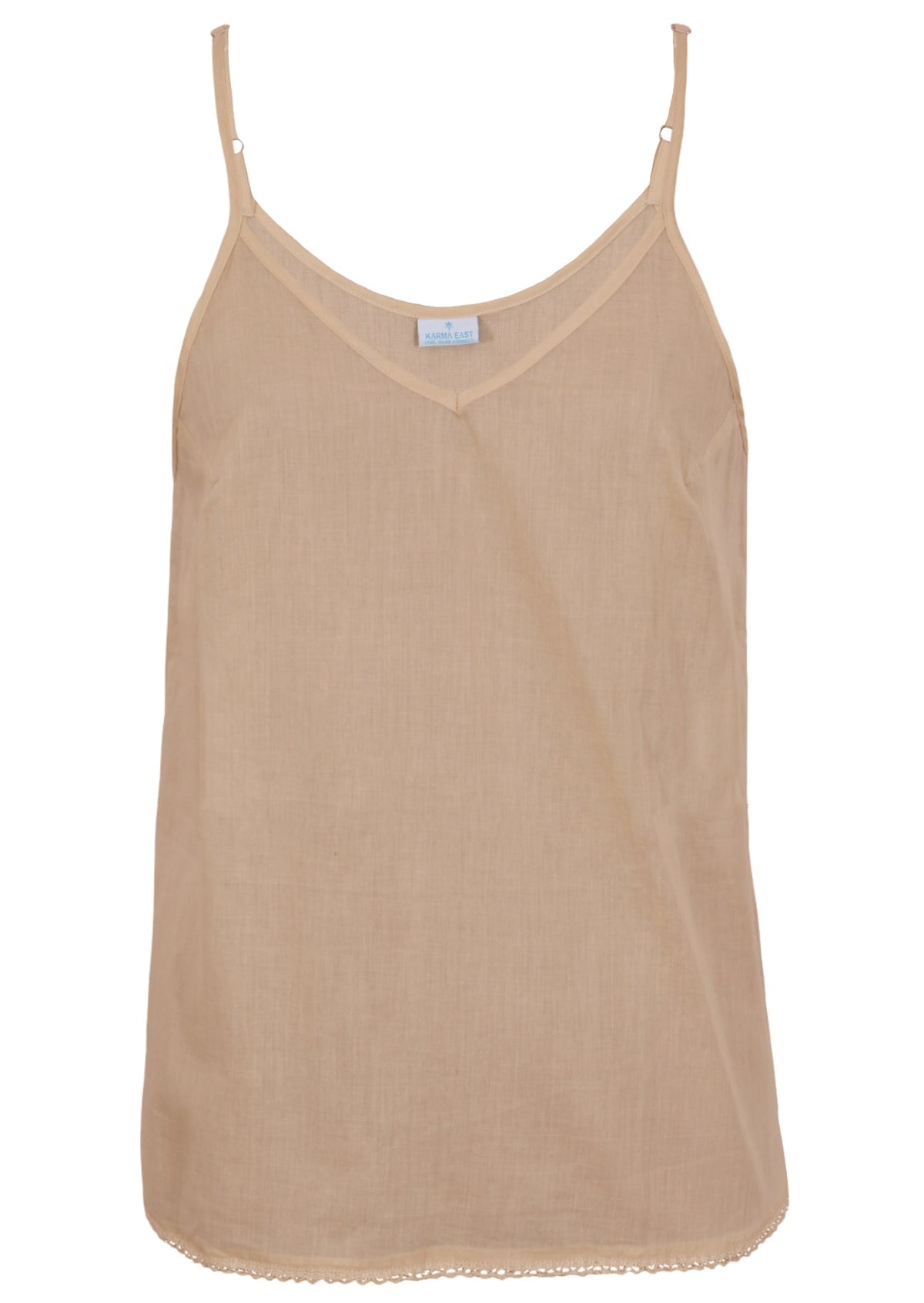 A light beige cotton camisole tank top with thin spaghetti straps and a V-neckline, shown against a plain white background.