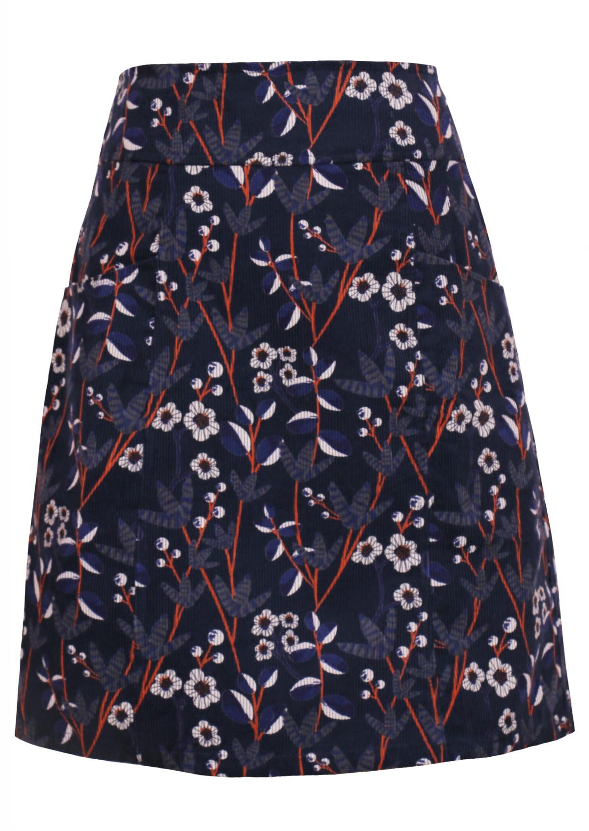 Cotton corduroy retro floral print on dark blue base A-line above knee length skirt with pockets