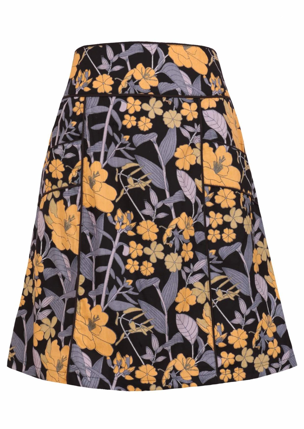 Black based floral print cotton A-line skirt with pockets and piped detail