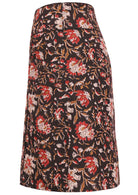 Side of black based floral print cotton knee length skirt with pockets and a side zip
