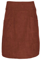 Front mannequin photo of burnt henna cotton corduroy knee length A-line skirt with pockets