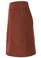 Side mannequin photo of burnt henna cotton corduroy knee length A-line skirt with pockets and side zip