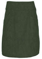 Front mannequin photo of green cotton corduroy knee length A-line skirt with pockets