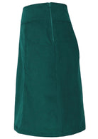 Side mannequin photo of teal cotton corduroy knee length A-line skirt with pockets and side zip