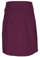Back mannequin photo of plum purple cotton corduroy knee length A-line skirt